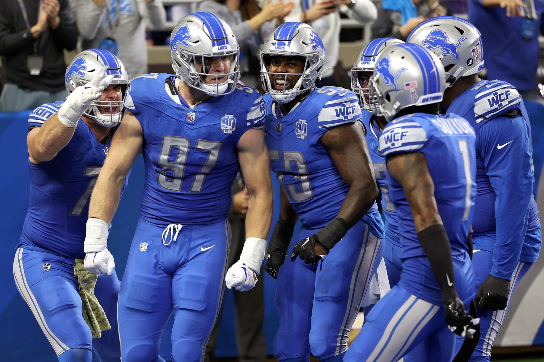 DETROIT, MICHIGAN - NOVEMBER 19: Aidan Hutchinson #97 of the Detroit Lions reacts after a fourth quarter safety during a game against the Chicago Bears at Ford Field on November 19, 2023 in Detroit, Michigan. (Photo by Gregory Shamus/Getty Images)