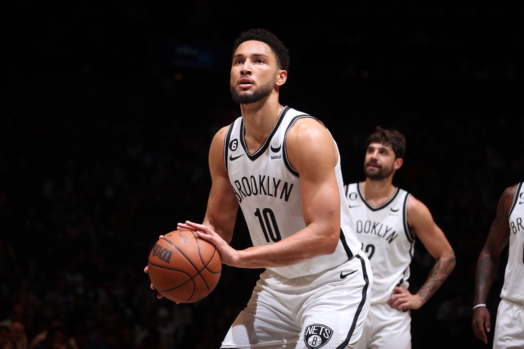 BROOKLYN, NY - OCTOBER 3: Ben Simmons #10 of the Brooklyn Nets prepares to shoot a free throw against the Philadelphia 76ers during a preseason game on October 3, 2022 at Barclays Center in Brooklyn, New York. NOTE TO USER: User expressly acknowledges and agrees that, by downloading and or using this Photograph, user is consenting to the terms and conditions of the Getty Images License Agreement. Mandatory Copyright Notice: Copyright 2022 NBAE (Photo by Nathaniel S. Butler/NBAE via Getty Images)