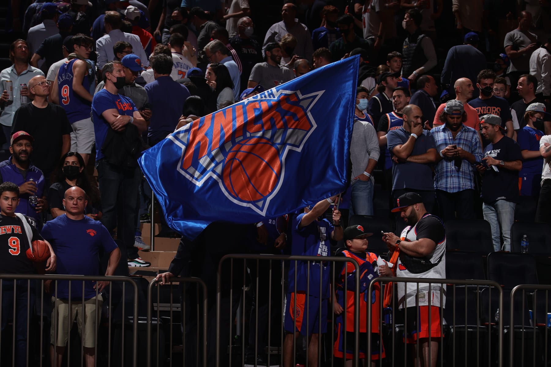 NEW YORK, NY - MAY 26: New York Knicks fans celebrate a win against the Atlanta Hawks during Round 1, Game 2 of the 2021 NBA Playoffs on May 26, 2021 at Madison Square Garden in New York City, New York.  NOTE TO USER: User expressly acknowledges and agrees that, by downloading and or using this photograph, User is consenting to the terms and conditions of the Getty Images License Agreement. Mandatory Copyright Notice: Copyright 2021 NBAE  (Photo by Nathaniel S. Butler/NBAE via Getty Images)