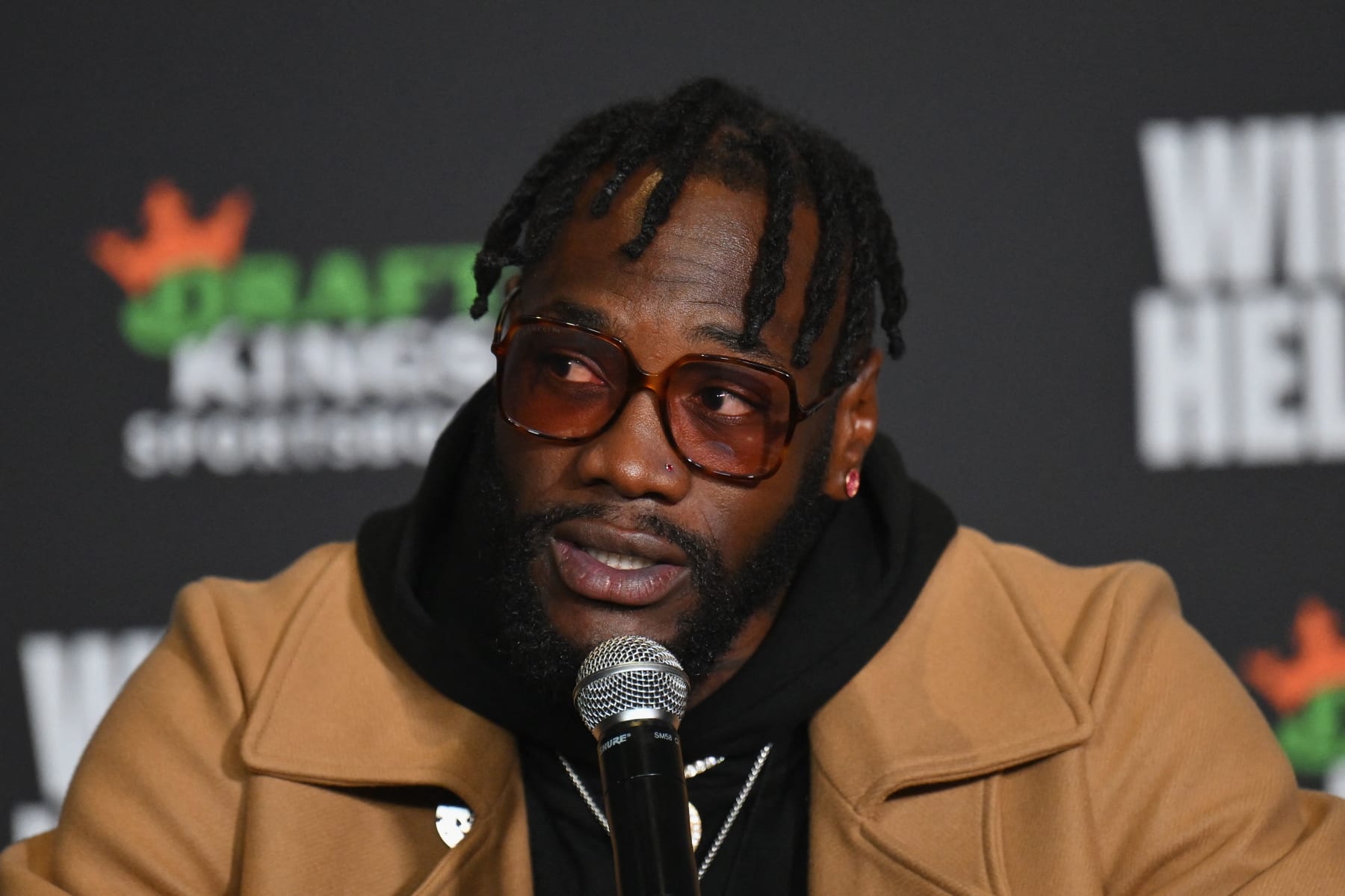 US boxer Deontay Wilder speaks during a press conference in New York City on October 13, 2022, ahead of his WBC heavyweight championship fight against Swedish-Finnish boxer Robert Helenius. - Wilder and Helenius will fight on October 15, 2022 at Barclays Center. (Photo by ANGELA WEISS / AFP) (Photo by ANGELA WEISS/AFP via Getty Images)