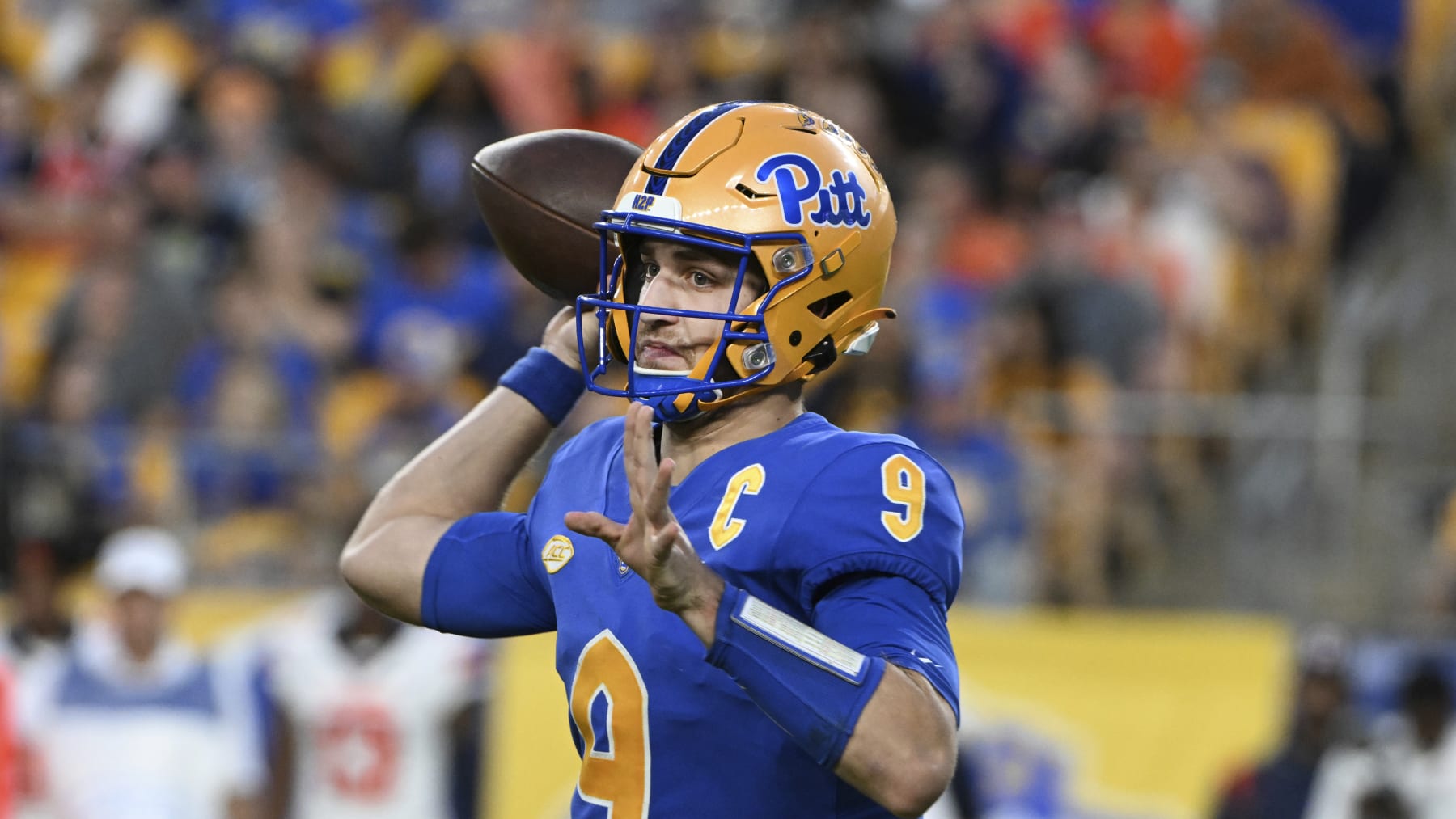Pittsburgh quarterback Kedon Slovis (9) throws a pass against Syracuse during the second half of an NCAA college football game, Saturday, Nov. 5, 2022, in Pittsburgh, Pa. (AP Photo/Barry Reeger)