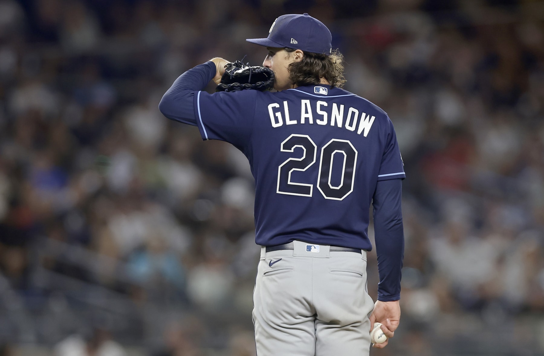NEW YORK, NEW YORK - JULY 31:  Tyler Glasnow #20 of the Tampa Bay Rays in action against the New York Yankees at Yankee Stadium on July 31, 2023 in Bronx borough of New York City. The Rays defeated the Yankees 5-1. (Photo by Jim McIsaac/Getty Images)