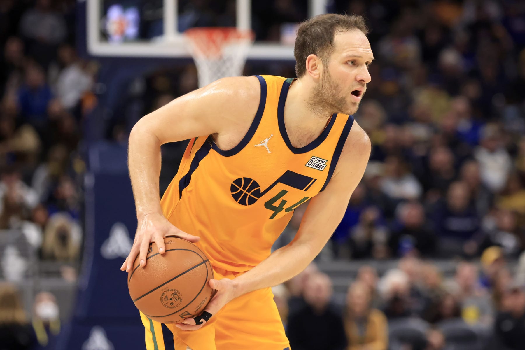 INDIANAPOLIS, INDIANA - JANUARY 08: Bojan Bogdanovic #44 of the Utah Jazz looks to pass the ball in the game against the Indiana Pacers at Gainbridge Fieldhouse on January 08, 2022 in Indianapolis, Indiana. NOTE TO USER: User expressly acknowledges and agrees that, by downloading and or using this Photograph, user is consenting to the terms and conditions of the Getty Images License Agreement. (Photo by Justin Casterline/Getty Images)