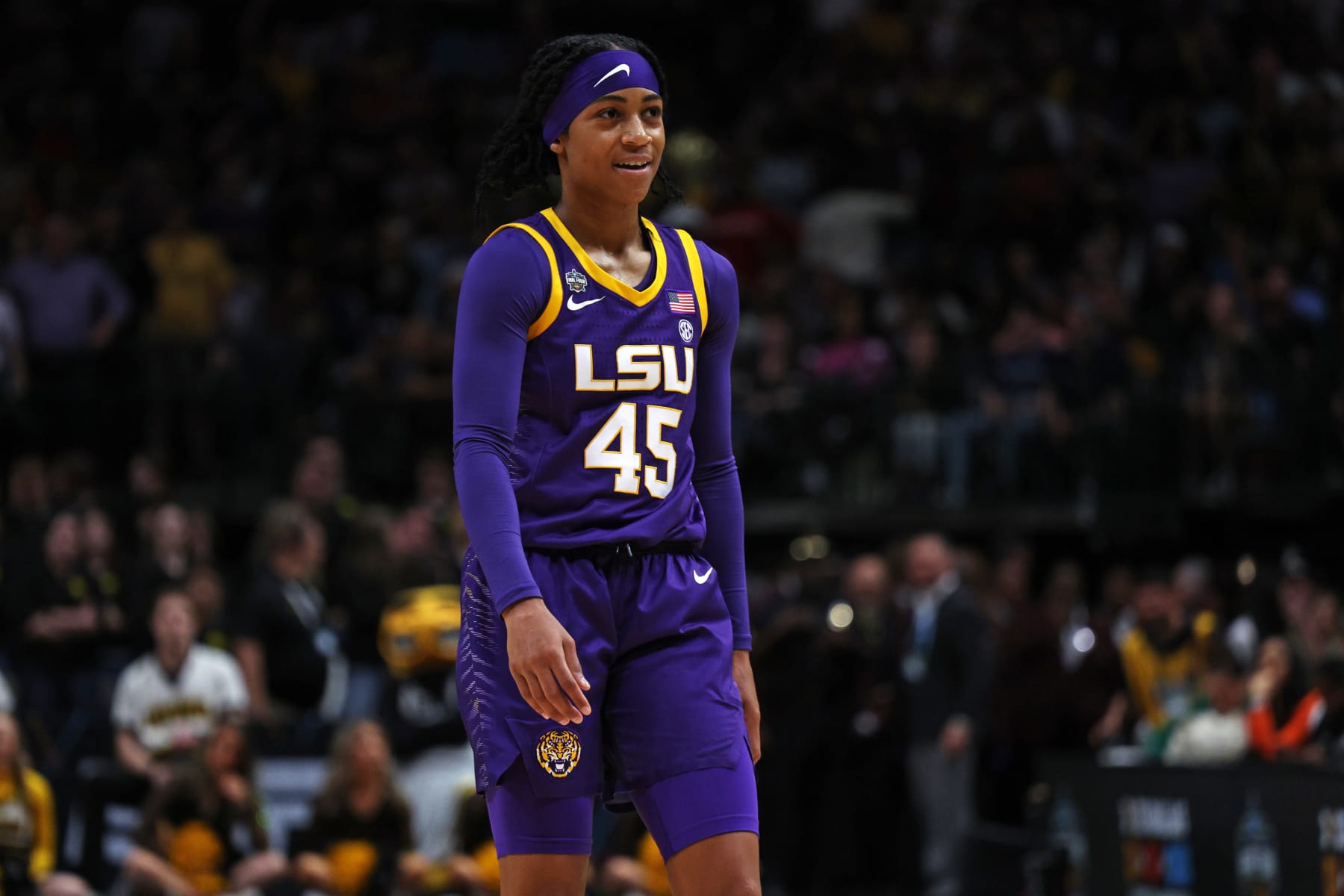 DALLAS, TEXAS - APRIL 02: Alexis Morris #45 of the LSU Lady Tigers reacts during the fourth quarter against the Iowa Hawkeyes during the 2023 NCAA Women's Basketball Tournament championship game at American Airlines Center on April 02, 2023 in Dallas, Texas. (Photo by Tom Pennington/Getty Images)