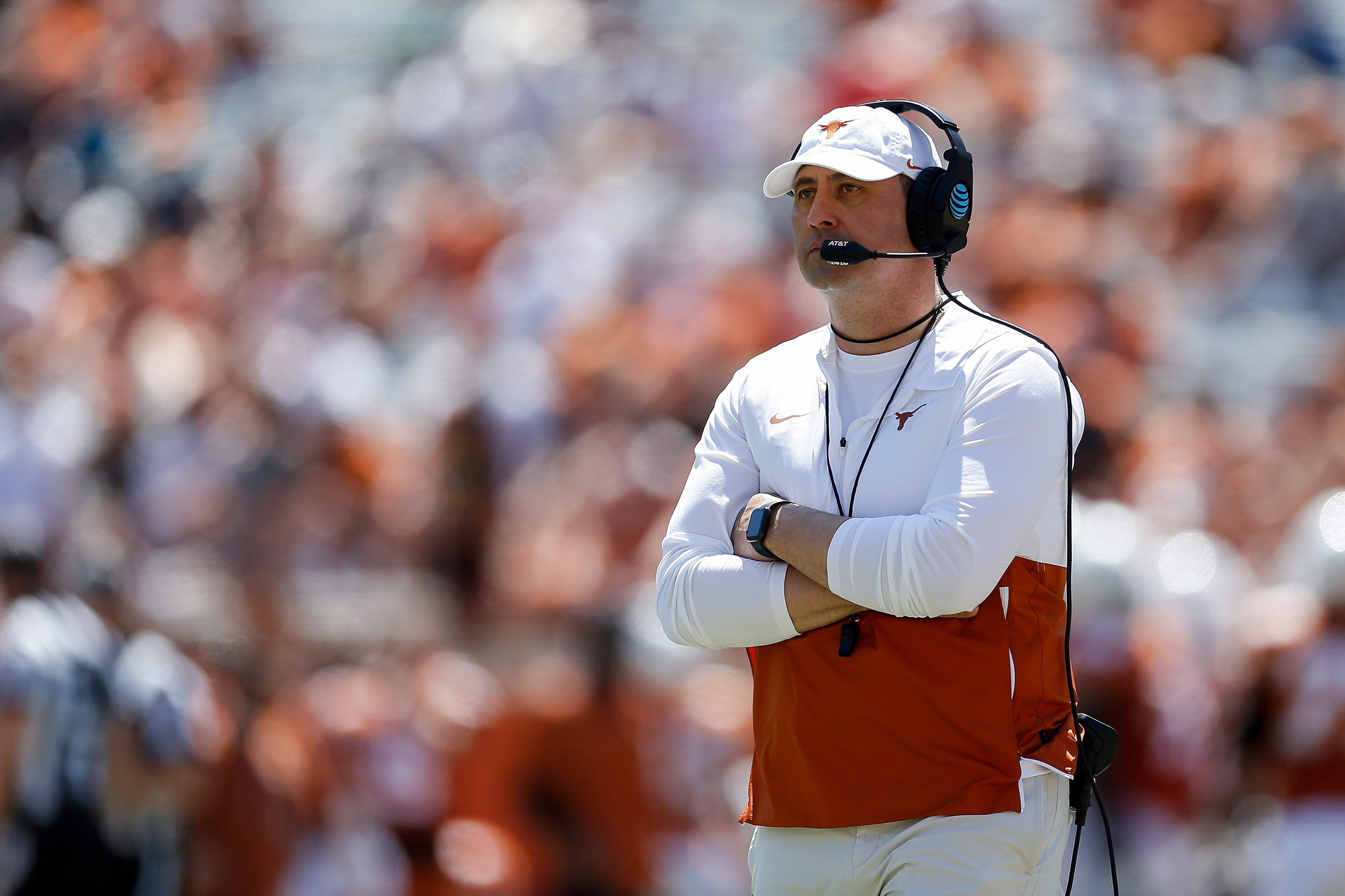 AUSTIN, TEXAS - APRIL 24: Head coach Steve Sarkisian of the Texas Longhorns reacts during the Texas Football Orange-White Spring Game at Darrell K Royal-Texas Memorial Stadium on April 24, 2021 in Austin, Texas. (Photo by Tim Warner/Getty Images)