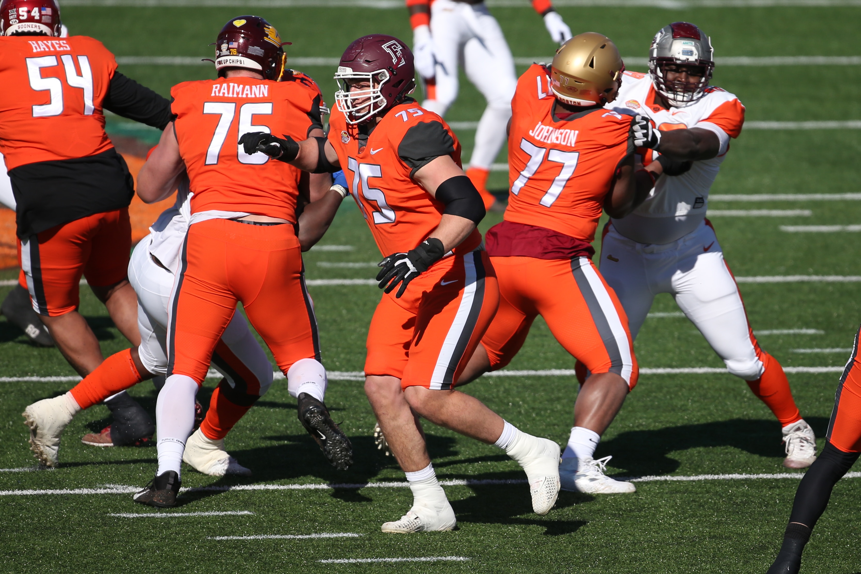 MOBILE, AL - FEBRUARY 05: National offensive lineman Nick Zakelj of Fordham (75) during the Reese's Senior Bowl on February 5, 2022 at Hancock Whitney Stadium in Mobile, Alabama.  (Photo by Michael Wade/Icon Sportswire via Getty Images)