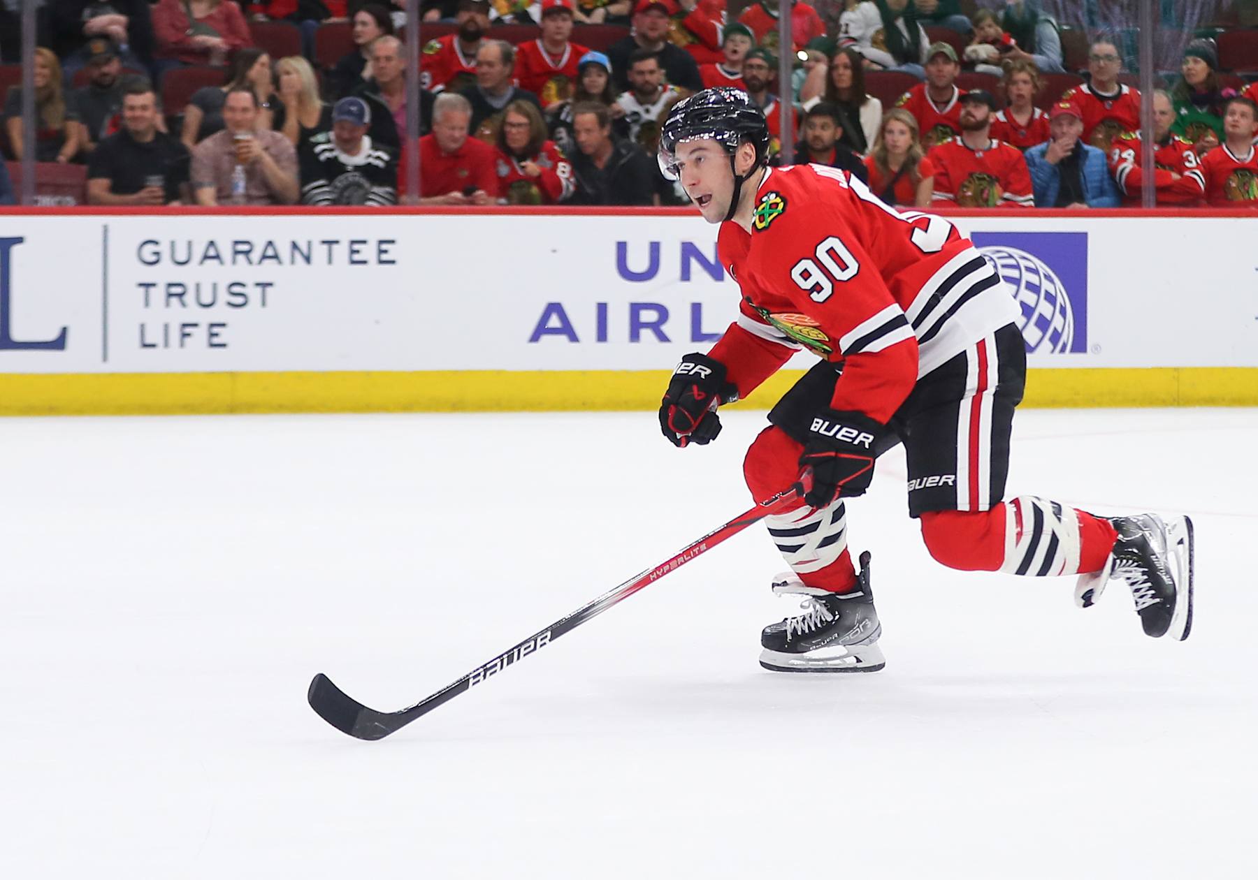 CHICAGO, IL - APRIL 14: Tyler Johnson #90 of the Chicago Blackhawks skates in action during the second period against the Carolina Hurricanes at the United Center on April 14, 2024 in Chicago, Illinois. (Photo by Melissa Tamez/Icon Sportswire via Getty Images)