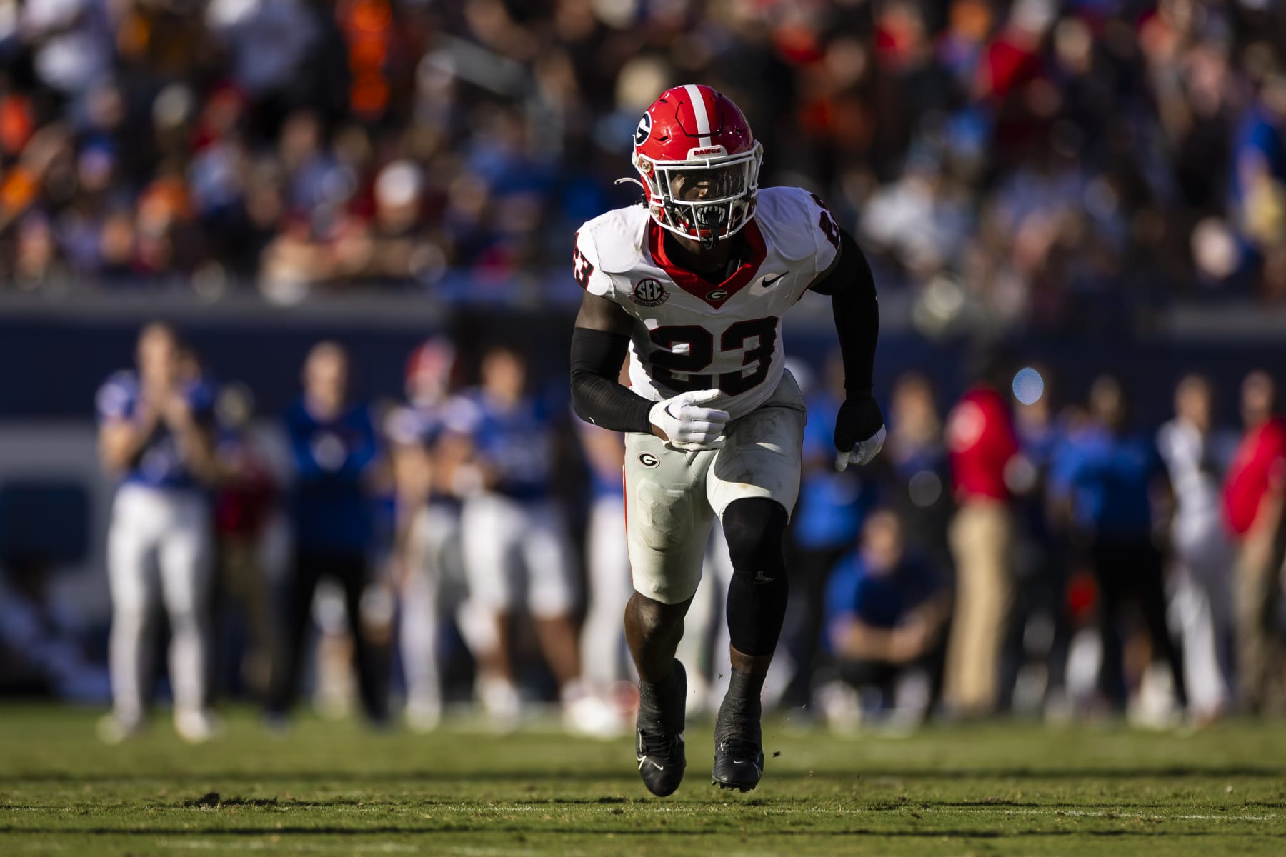 JACKSONVILLE, FLORIDA - OCTOBER 28: Tykee Smith #23 of the Georgia Bulldogs looks on during the first half of a game against the Florida Gators at EverBank Stadium on October 28, 2023 in Jacksonville, Florida. (Photo by James Gilbert/Getty Images)