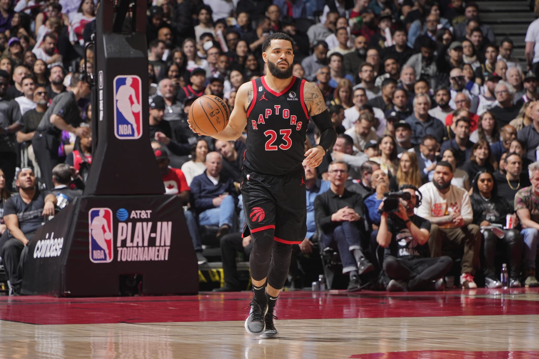 TORONTO, CANADA - APRIL 12: Fred VanVleet #23 of the Toronto Raptors dribbles the ball against the Chicago Bulls during the 2023 Play-In Tournament on April 12, 2023 at the Scotiabank Arena in Toronto, Ontario, Canada.  NOTE TO USER: User expressly acknowledges and agrees that, by downloading and or using this Photograph, user is consenting to the terms and conditions of the Getty Images License Agreement.  Mandatory Copyright Notice: Copyright 2022 NBAE (Photo by Mark Blinch/NBAE via Getty Images)
