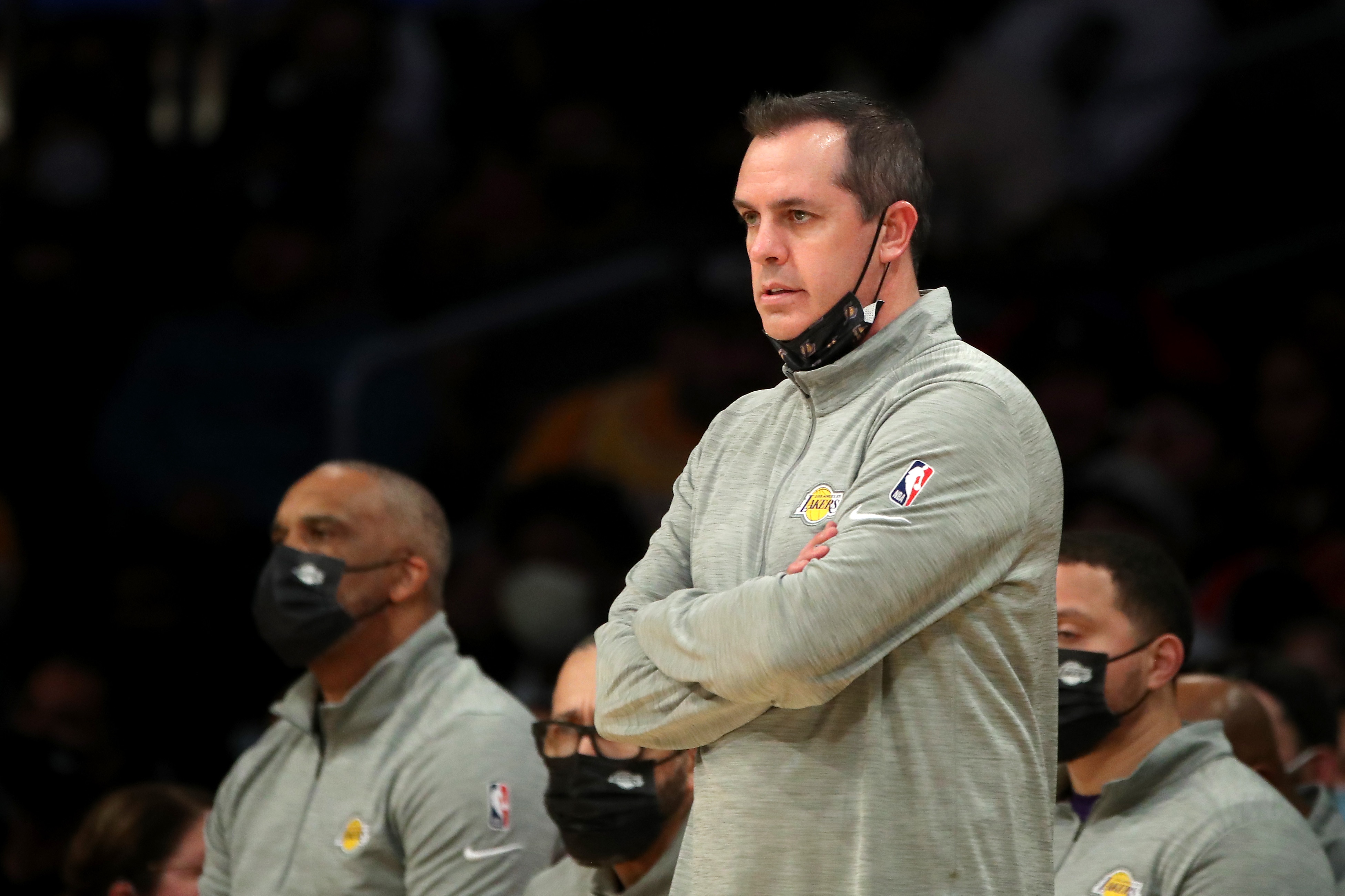 LOS ANGELES, CALIFORNIA - JANUARY 17: Head coach Frank Vogel of the Los Angeles Lakers looks on during the third quarter against the Utah Jazz at Crypto.com Arena on January 17, 2022 in Los Angeles, California. NOTE TO USER: User expressly acknowledges and agrees that, by downloading and/or using this photograph, User is consenting to the terms and conditions of the Getty Images License Agreement. (Photo by Katelyn Mulcahy/Getty Images)