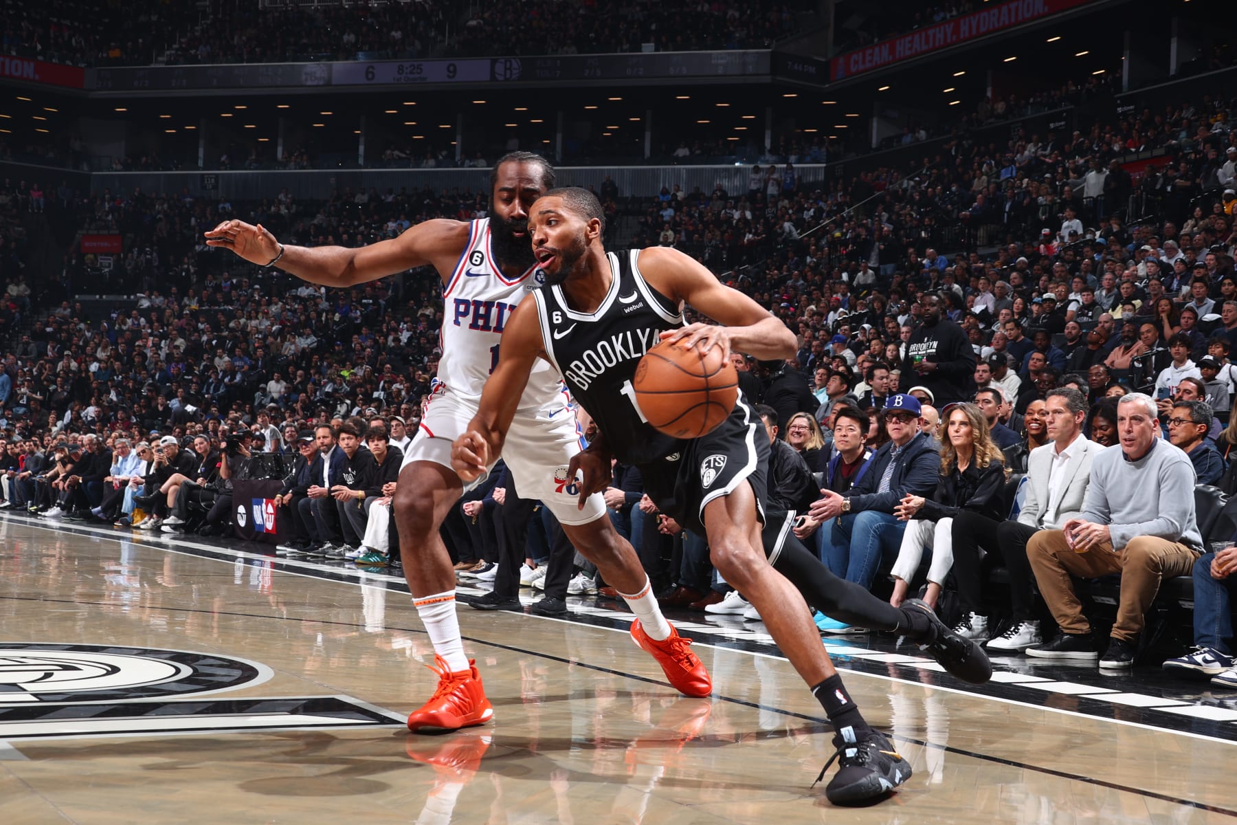 BROOKLYN, NY - APRIL 20: Mikal Bridges #1 of the Brooklyn Nets dribbles the ball during Round One Game Three of the 2023 NBA Playoffs against the Philadelphia 76ers on April 20, 2023 at Barclays Center in Brooklyn, New York. NOTE TO USER: User expressly acknowledges and agrees that, by downloading and or using this Photograph, user is consenting to the terms and conditions of the Getty Images License Agreement. Mandatory Copyright Notice: Copyright 2023 NBAE (Photo by Nathaniel S. Butler/NBAE via Getty Images)