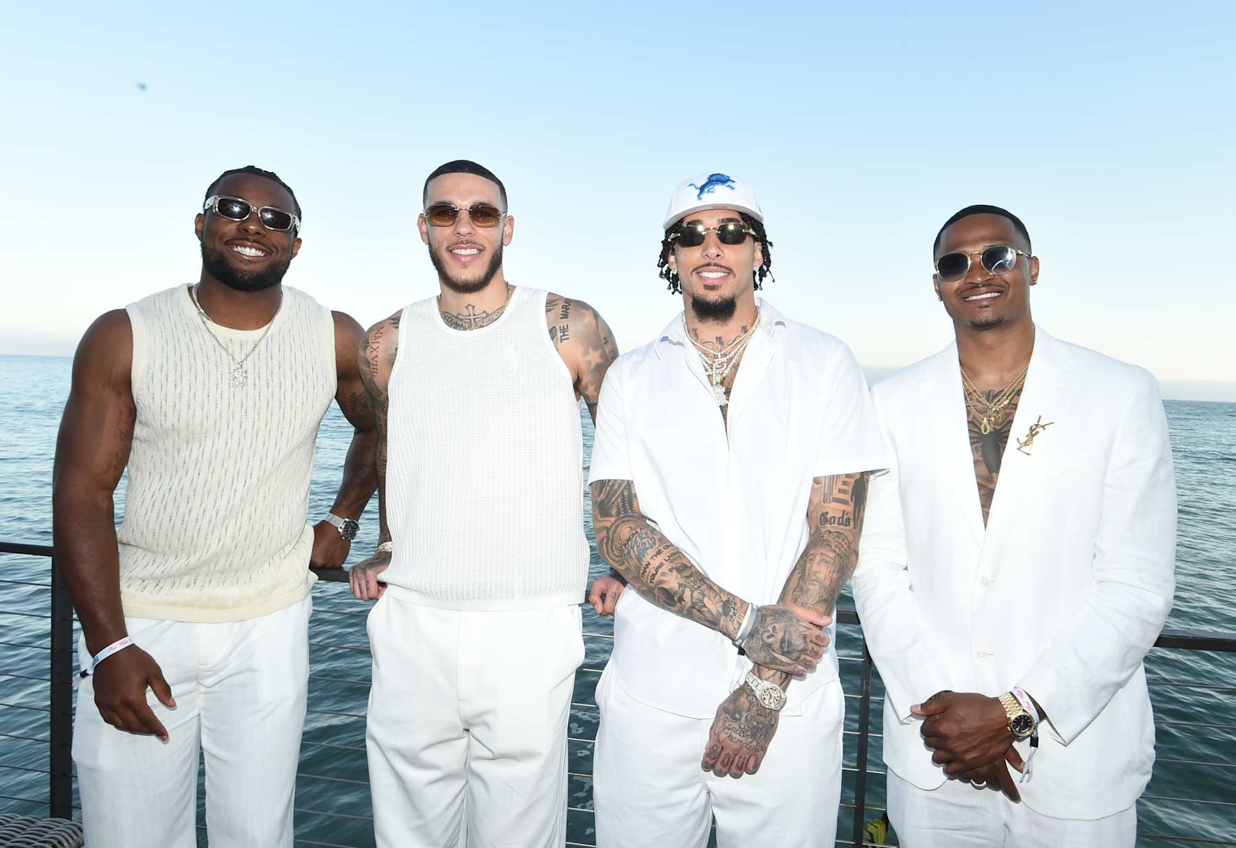 MALIBU, CALIFORNIA - JULY 04: Kayvon Thibodeaux, Lonzo Ball, LiAngelo Ball and DMO attend The h.wood Group's 10th annual red, white & bootsy 4th of July, presented by LF*GO!™ï¸ ENERGY at Nobu Malibu on July 04, 2024 in Malibu, California. (Photo by Vivien Killilea/Getty Images for The h.wood Group )