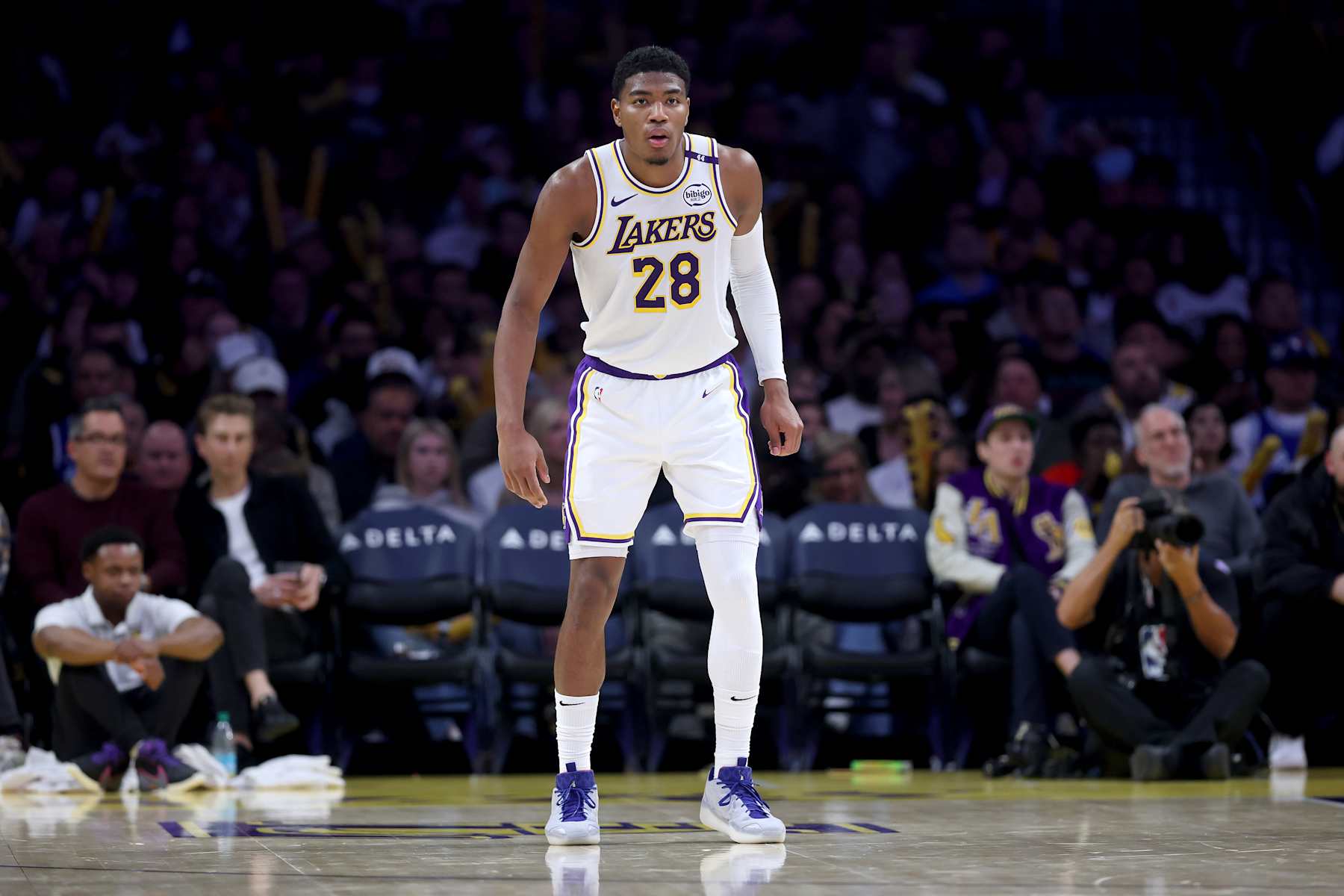 LOS ANGELES, CALIFORNIA - DECEMBER 28: Rui Hachimura #28 of the Los Angeles Lakers looks on during the second half of a game against the Sacramento Kings at Crypto.com Arena on December 28, 2024 in Los Angeles, California. (Photo by Sean M. Haffey/Getty Images)
