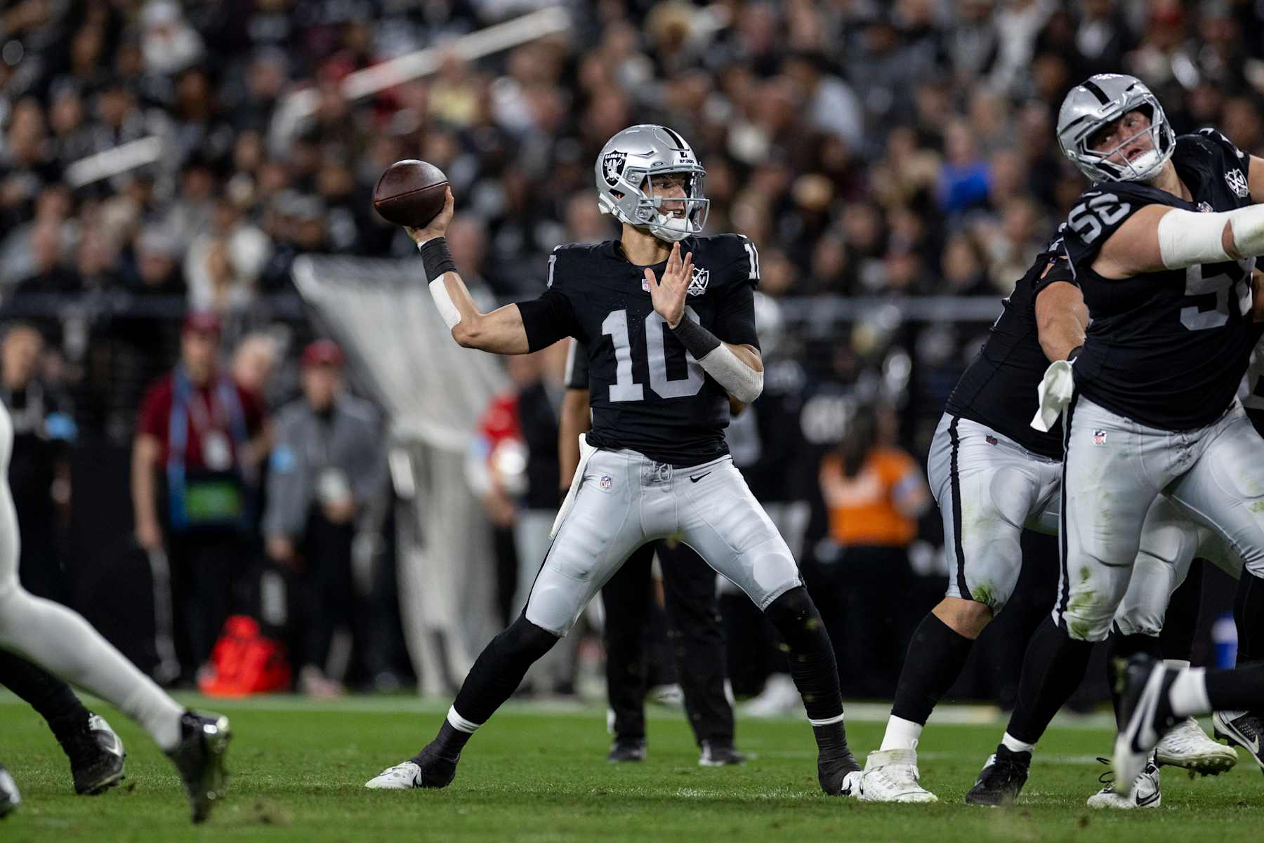 LAS VEGAS, NEVADA - DECEMBER 16: Desmond Ridder #10 of the Las Vegas Raiders looks to pass during an NFL Football game against the Atlanta Falcons at Allegiant Stadium on December 16, 2024 in Las Vegas, Nevada. (Photo by Michael Owens/Getty Images)