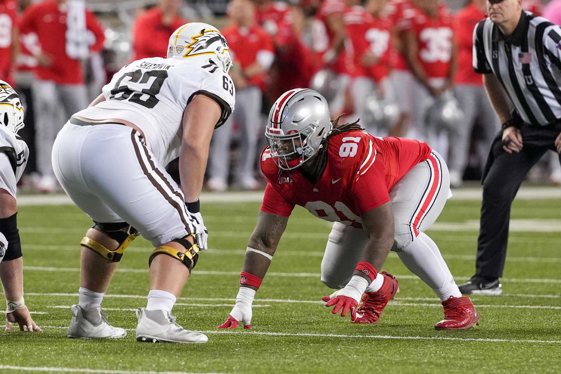 COLUMBUS, OHIO - SEPTEMBER 07: Defensive tackle Tyleik Williams #91 of the Ohio State Buckeyes in action during the game against the Western Michigan Broncos at Ohio Stadium on September 07, 2024 in Columbus, Ohio. (Photo by Jason Mowry/Getty Images)