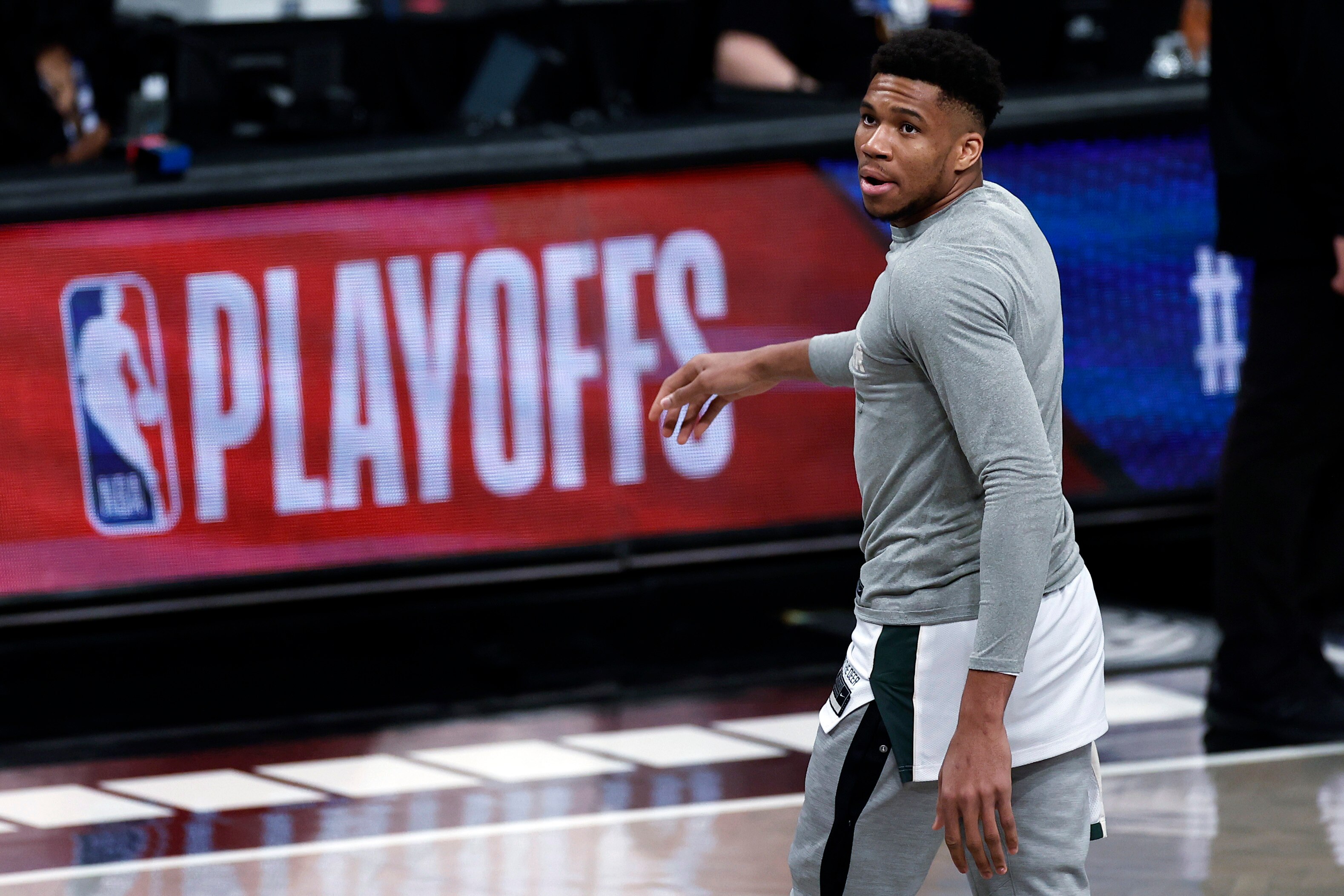 Milwaukee Bucks forward Giannis Antetokounmpo warms up before Game 1 of the team's NBA basketball second-round playoff series against the Brooklyn Nets on Saturday, June 5, 2021, in New York. (AP Photo/Adam Hunger)