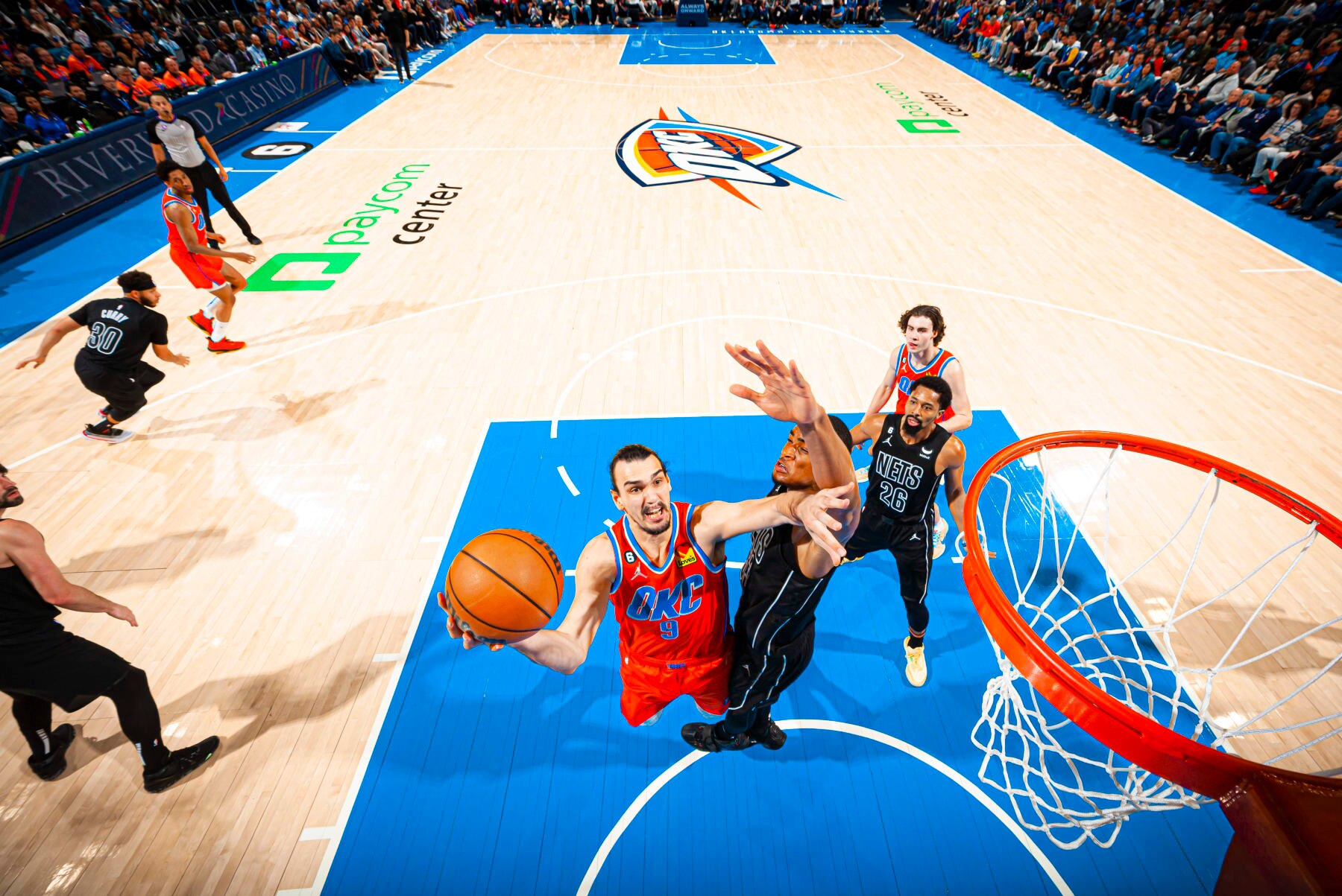 OKLAHOMA CITY, OK - MARCH 14: Dario Saric #9 of the Oklahoma City Thunder drives to the basket during the game against the Brooklyn Nets on March 14, 2023 at Paycom Arena in Oklahoma City, Oklahoma. NOTE TO USER: User expressly acknowledges and agrees that, by downloading and or using this photograph, User is consenting to the terms and conditions of the Getty Images License Agreement. Mandatory Copyright Notice: Copyright 2023 NBAE (Photo by Zach Beeker/NBAE via Getty Images)