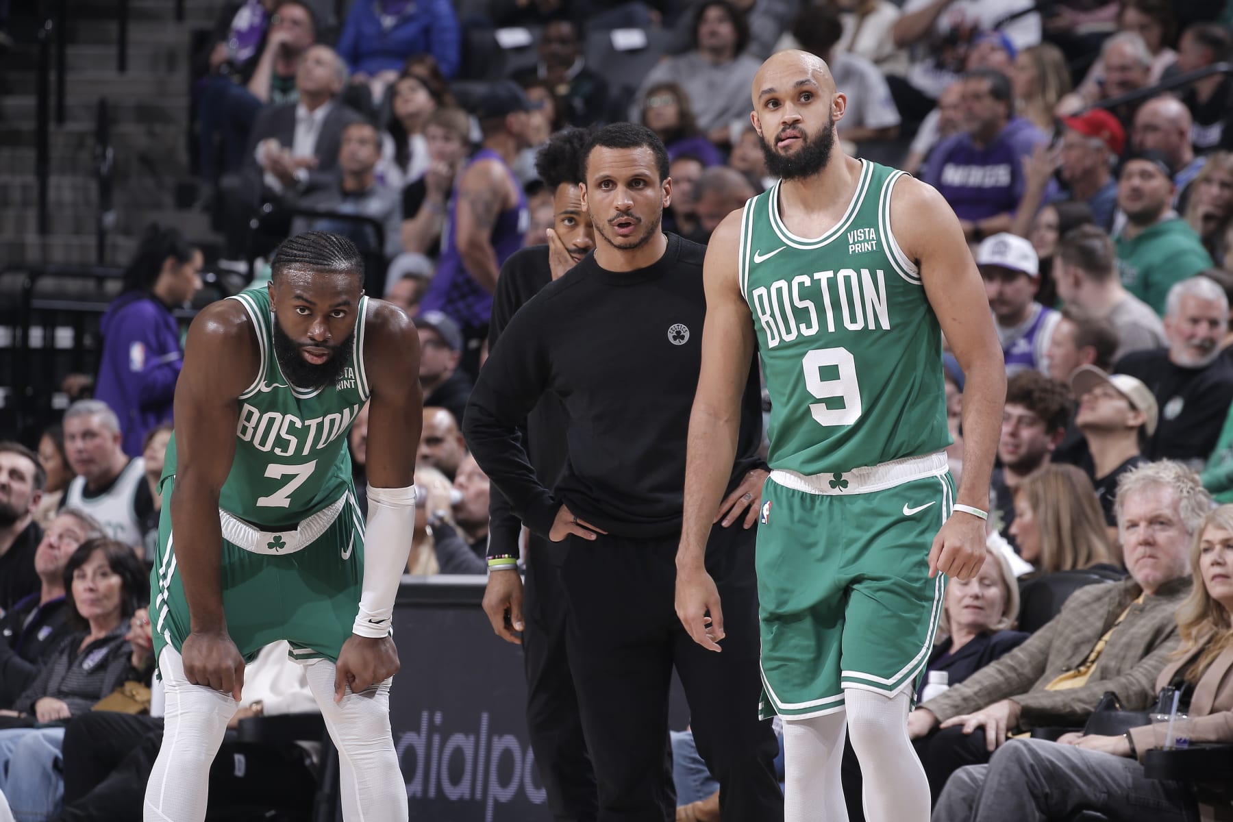 SACRAMENTO, CA - DECEMBER 20: Head Coach Joe Mazzulla of the Boston Celtics coaches Jaylen Brown #7 and Derrick White #9 during the game against the Sacramento Kings on December 20, 2023 at Golden 1 Center in Sacramento, California. NOTE TO USER: User expressly acknowledges and agrees that, by downloading and or using this photograph, User is consenting to the terms and conditions of the Getty Images Agreement. Mandatory Copyright Notice: Copyright 2023 NBAE (Photo by Rocky Widner/NBAE via Getty Images)
