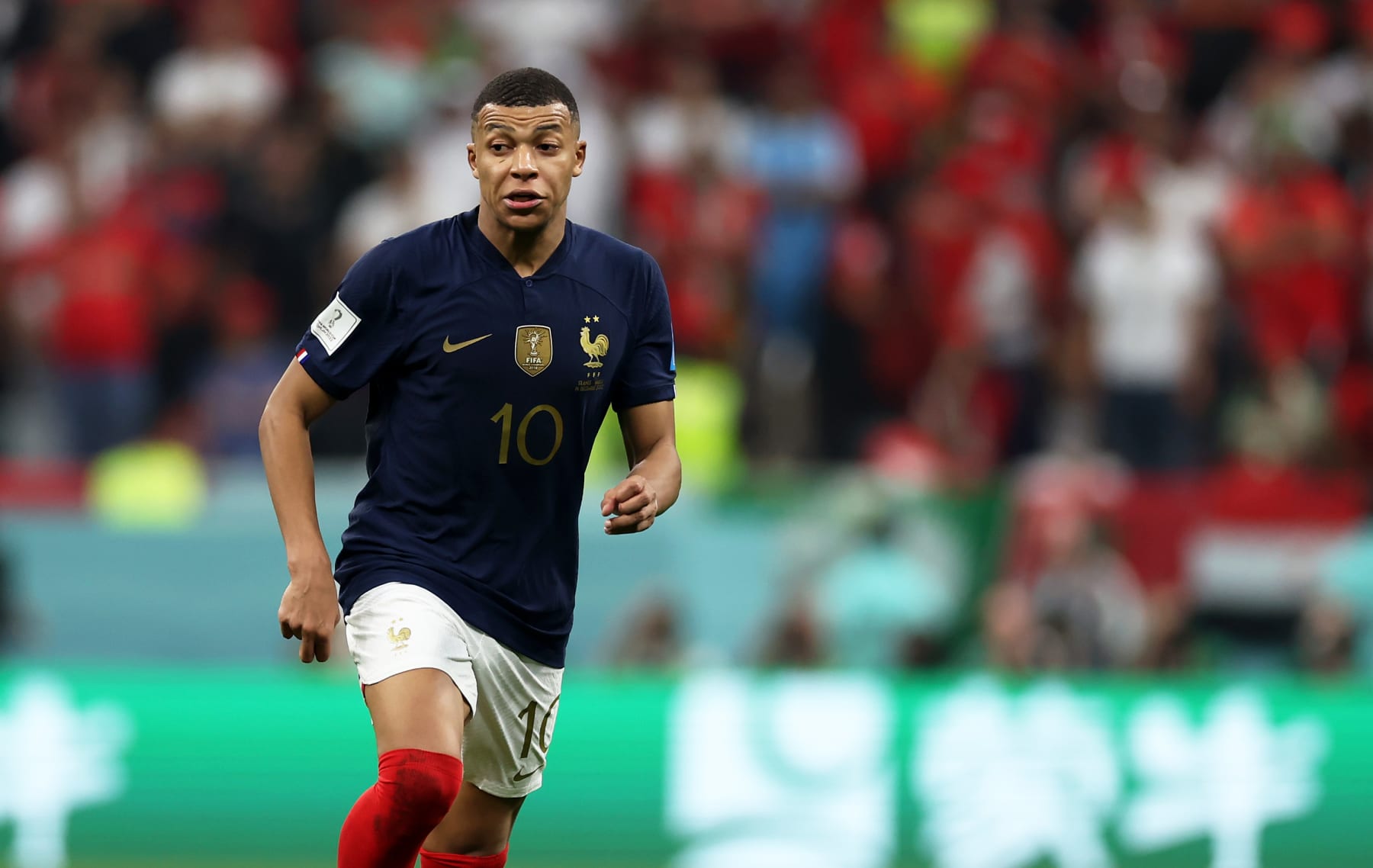 AL KHOR, QATAR - DECEMBER 14:  (CHINA OUT) Kylian Mbappe #10 of France in action during the FIFA World Cup Qatar 2022 semi final match between France and Morocco at Al Bayt Stadium on December 14, 2022 in Al Khor, Qatar. (Photo by Liu Lu/VCG via Getty Images)