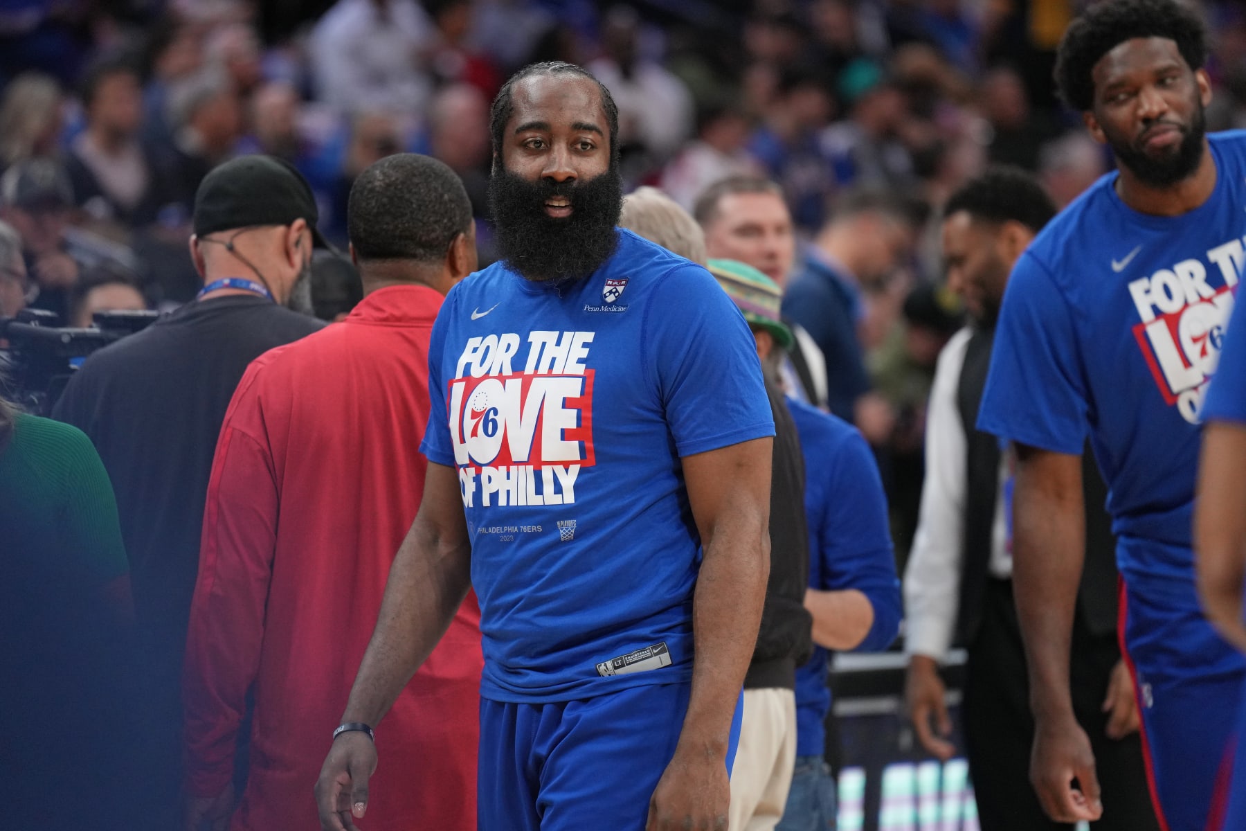 PHILADELPHIA, PA - APRIL 17: James Harden #1 of the Philadelphia 76ers warms up before Round 1 Game 2 of the 2023 NBA Playoffs against the Brooklyn Nets on April 17, 2023 at the Wells Fargo Center in Philadelphia, Pennsylvania NOTE TO USER: User expressly acknowledges and agrees that, by downloading and/or using this Photograph, user is consenting to the terms and conditions of the Getty Images License Agreement. Mandatory Copyright Notice: Copyright 2023 NBAE (Photo by Jesse D. Garrabrant/NBAE via Getty Images)