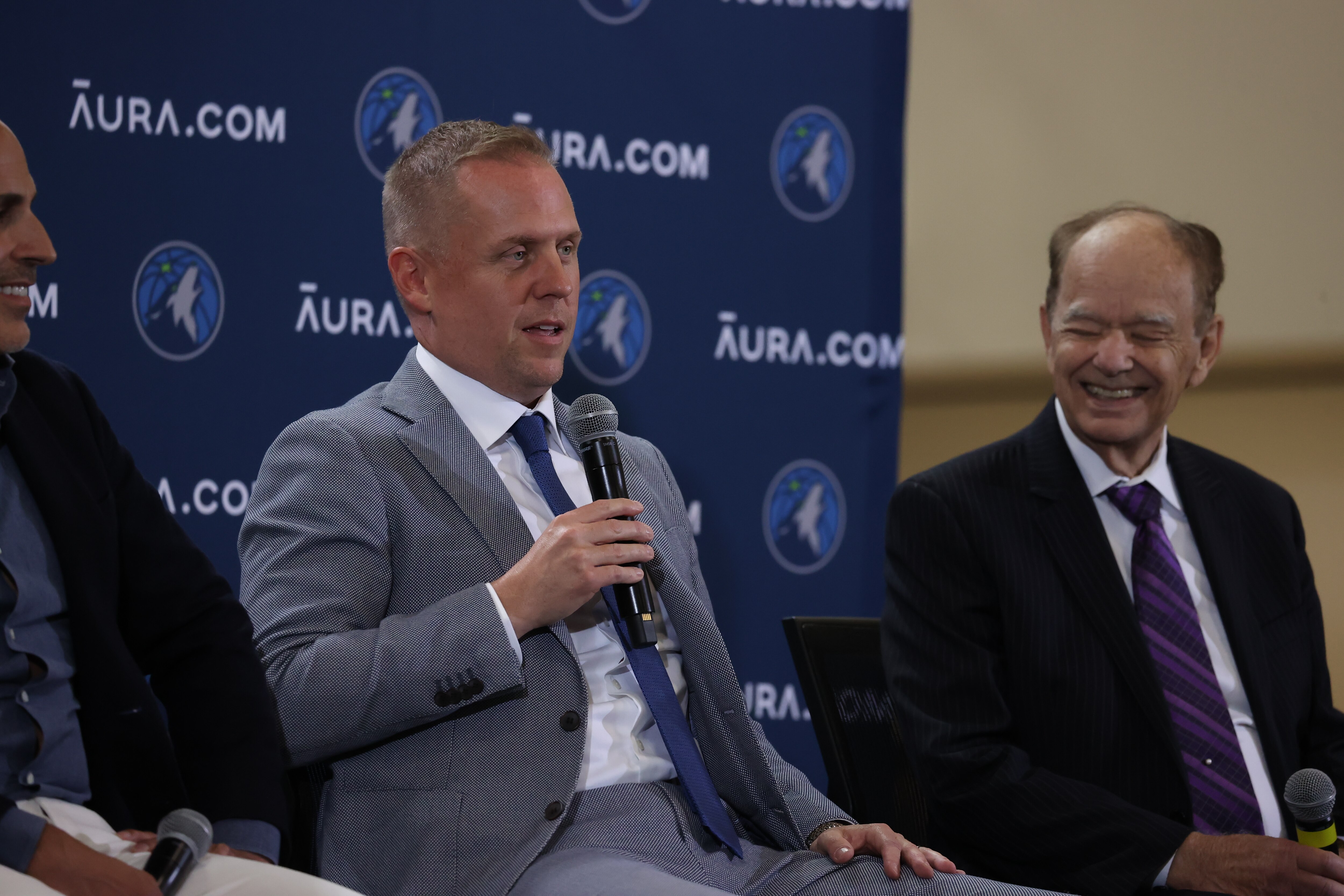 MINNEAPOLIS, MN - MAY 31:  Tim Connelly, new Minnesota Timberwolves President of Basketball Operations speaks while being introduced to the media by team ownership group Glen Taylor, Marc Lore and Alex Rodriguez on May 31, 2022 at the Minnesota Timberwolves and Lynx Courts at Mayo Clinic Square in Minneapolis, Minnesota.  NOTE TO USER:  User expressly acknowledges and agrees that, by downloading and or using this Photograph, user is consenting to the terms and conditions of the Getty Images License Agreement. Mandatory Copyright Notice: Copyright 2021 NBAE (Photo by David Sherman/NBAE via Getty Images)