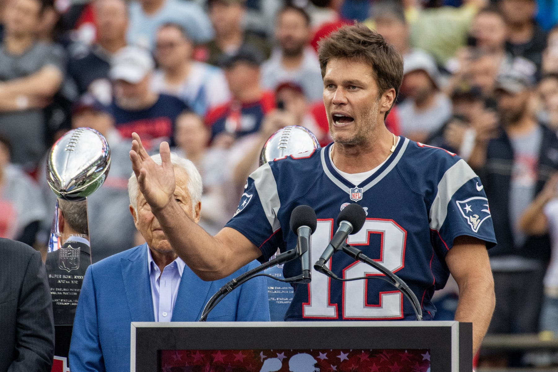 Tom Brady speaks to fans during a "Thank You" celebration honoring the former New England Patriots' quarterback during half time of the home opening game for the New England Patriots on September 10, 2023 in Foxborough, Massachusetts. Brady played for 20 seasons with the New England Patriots. (Photo by Joseph Prezioso / AFP) (Photo by JOSEPH PREZIOSO/AFP via Getty Images)