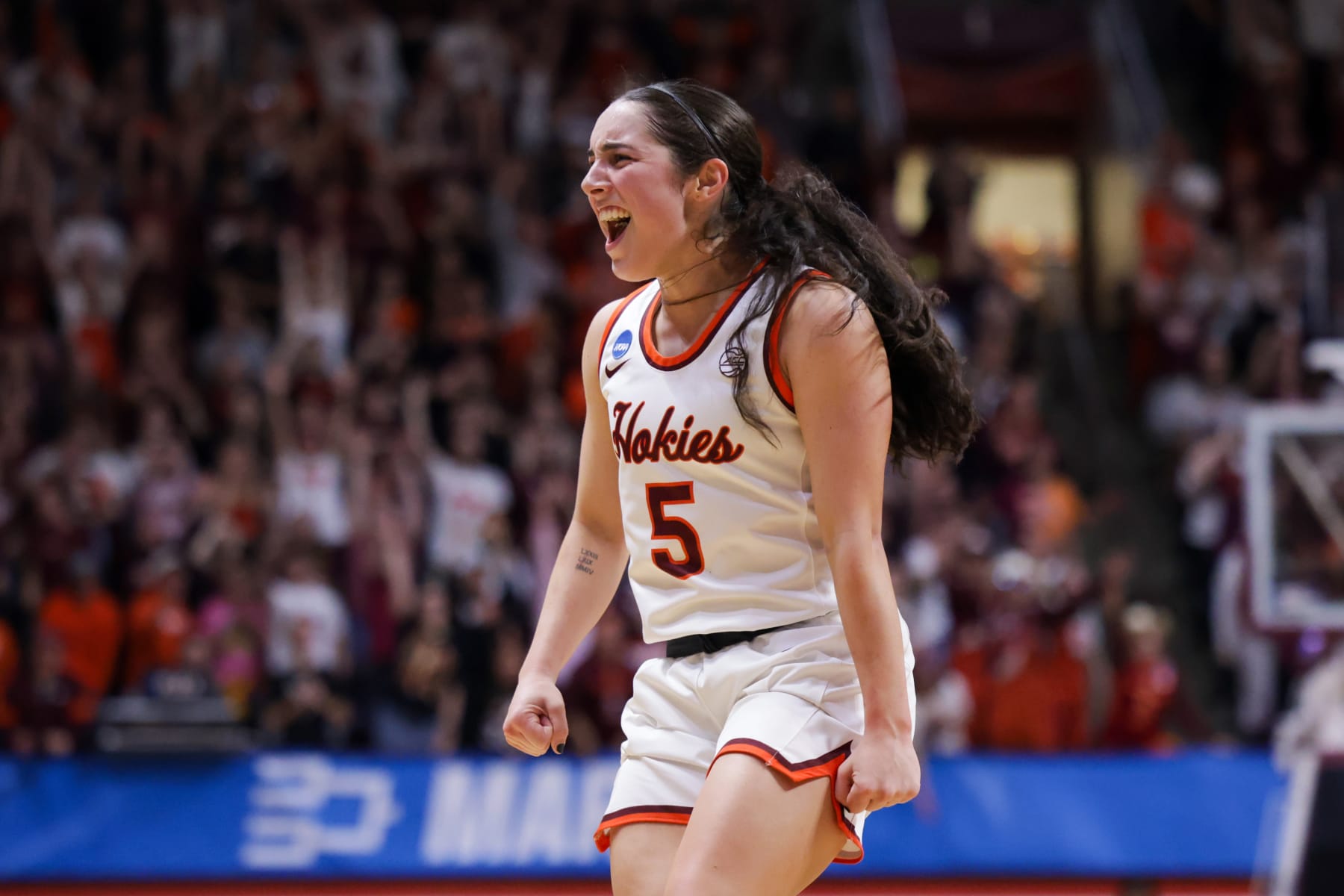 BLACKSBURG, VIRGINIA - MARCH 24: Georgia Amoore #5 of the Virginia Tech Hokies reacts in the second half during a game against the Baylor Bears during the second round of the NCAA Womens Basketball Tournament at Cassell Coliseum on March 24, 2024 in Blacksburg, Virginia. (Photo by Ryan Hunt/Getty Images)