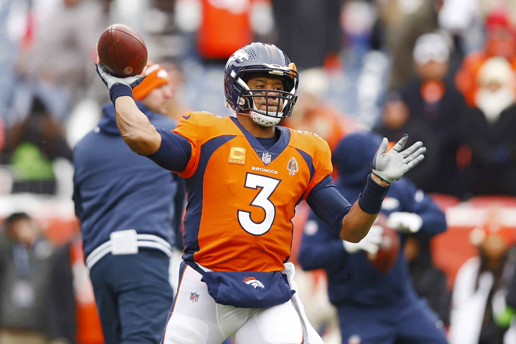 DENVER, COLORADO - OCTOBER 29: Russell Wilson #3 of the Denver Broncos warms up prior to a game against the Kansas City Chiefs at Empower Field At Mile High on October 29, 2023 in Denver, Colorado. (Photo by Justin Edmonds/Getty Images)