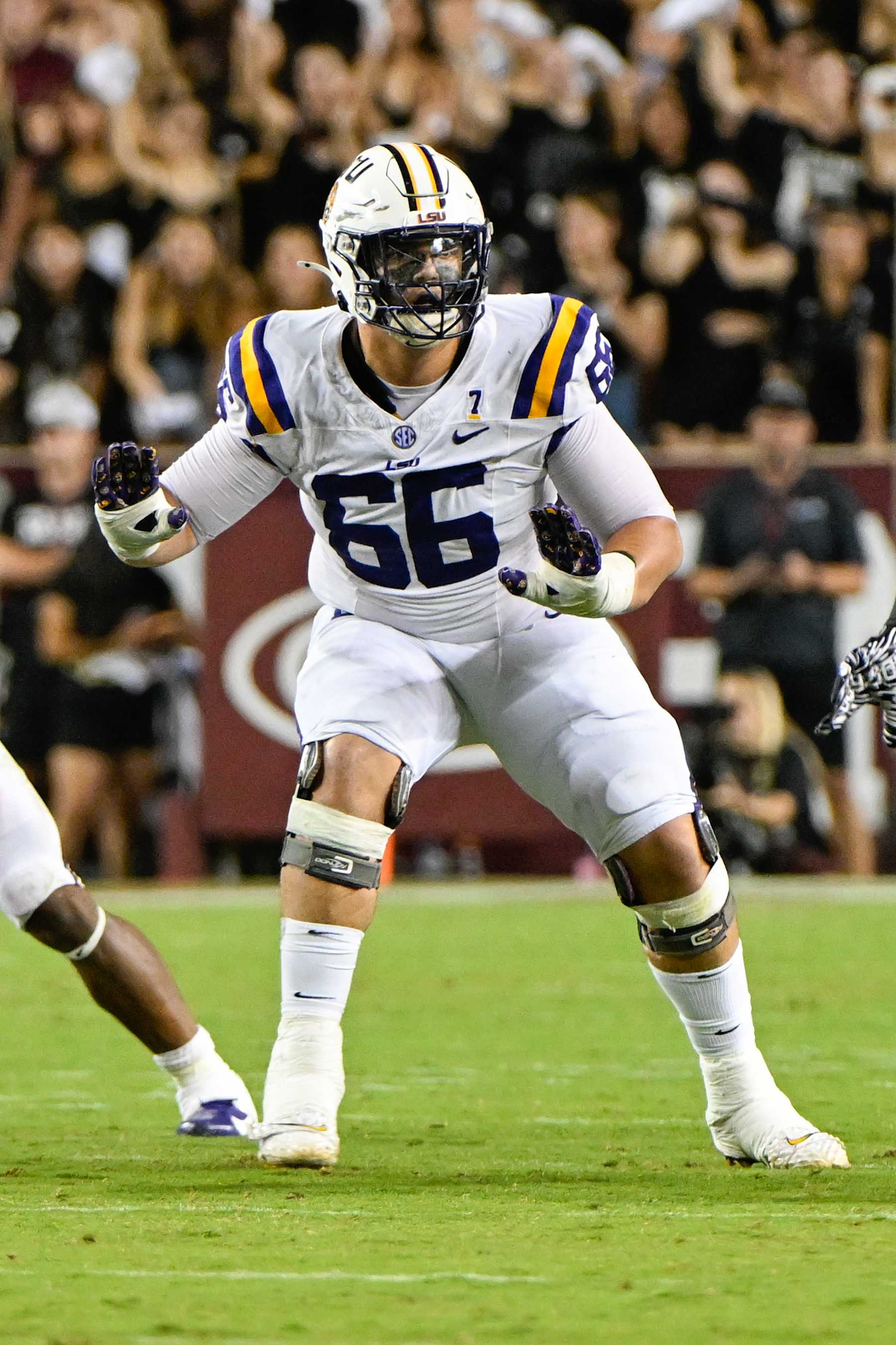 COLLEGE STATION, TX - OCTOBER 26: LSU Tigers offensive tackle Will Campbell (66) prepares to pass block during the football game between the LSU Tigers and Texas A&M Aggies on October 26, 2024 at Kyle Field in College Station, Texas. (Photo by Ken Murray/Icon Sportswire via Getty Images)