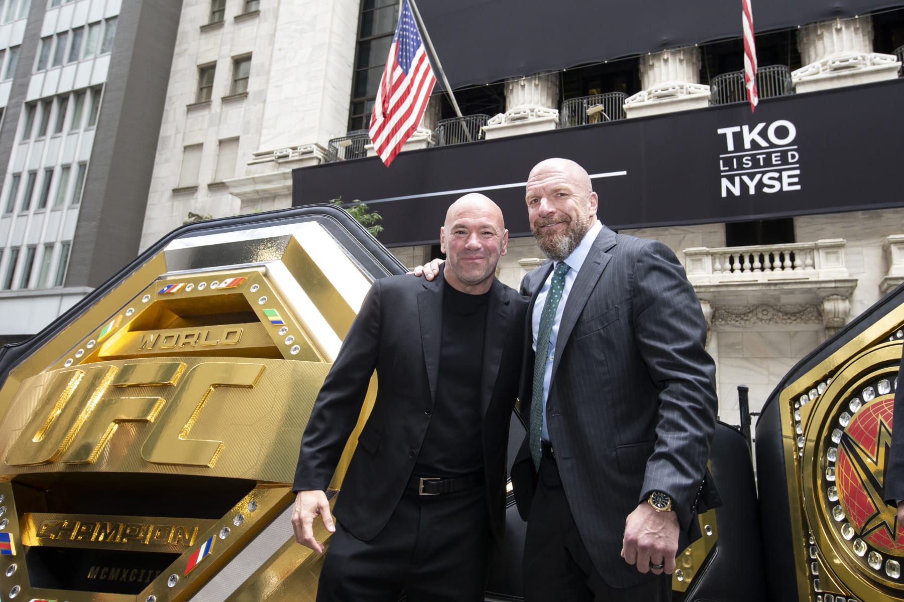 NEW YORK, NEW YORK - SEPTEMBER 12: (L-R) UFC CEO Dana White and WWE Chief Content Officer Paul Levesque pose outside the New York Stock Exchange during the TKO Group Holdings' listing on September 12, 2023 in New York City. (Photo by Michelle Farsi/Zuffa LLC)