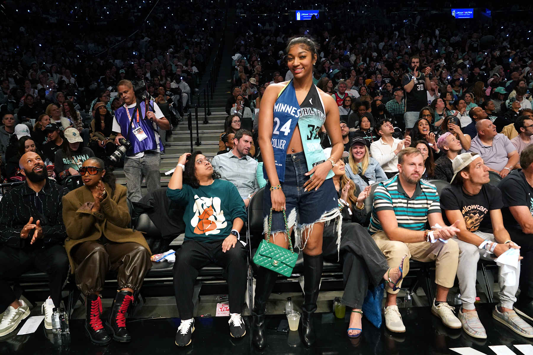 BROOKLYN, NY - OCTOBER 20: Angel Reese #5 of the Chicago Sky attends the game between the Minnesota Lynx and the New York Liberty during Game Five of the 2024 WNBA Finals on October 20, 2024 in Brooklyn, New York. NOTE TO USER: User expressly acknowledges and agrees that, by downloading and or using this photograph, user is consenting to the terms and conditions of the Getty Images License Agreement. Mandatory Copyright Notice: Copyright 2024 NBAE (Photo by Melanie Fidler/NBAE via Getty Images)