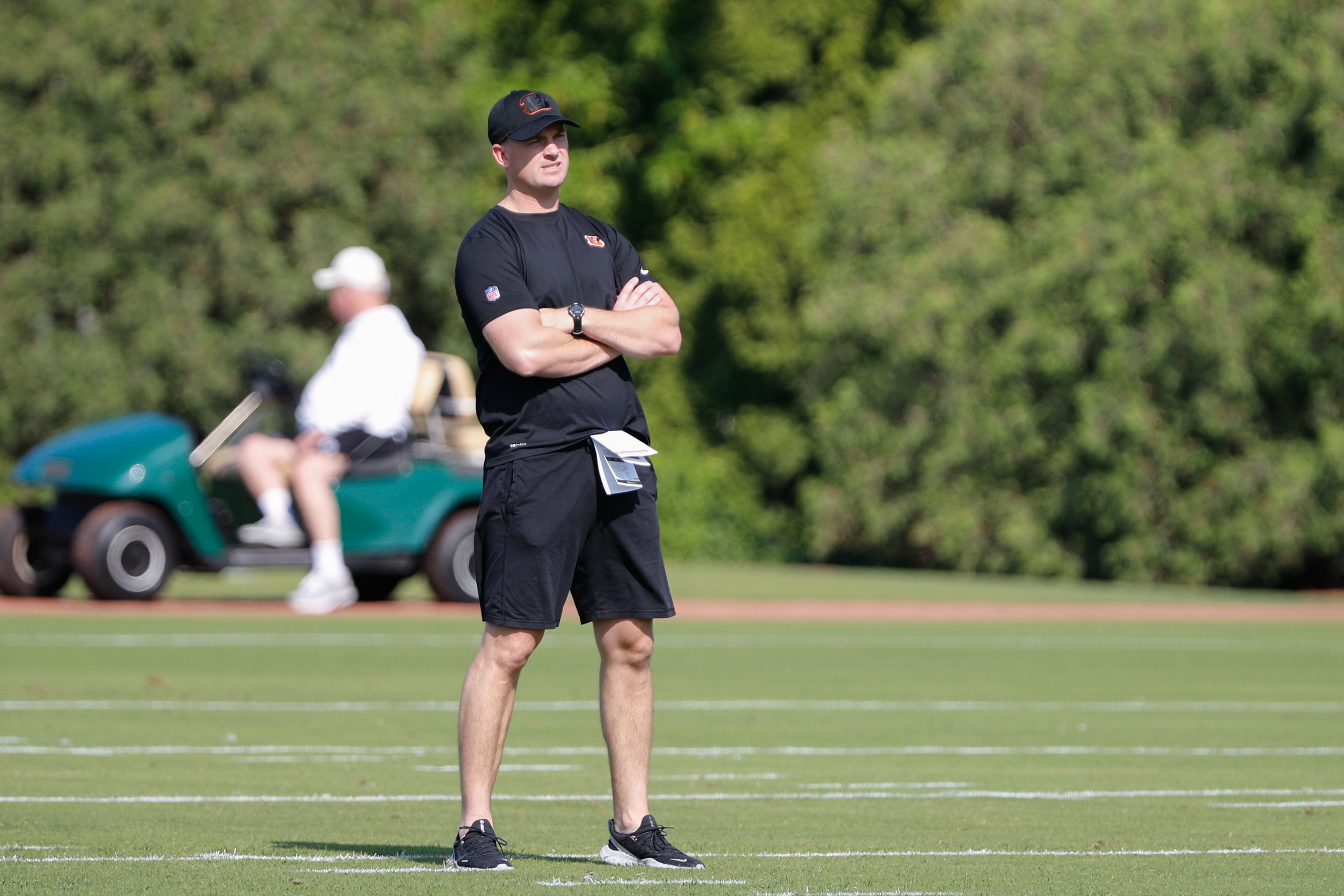 CINCINNATI, OH - MAY 13: Cincinnati Bengals head coach Zac Taylor watches drills during the Cincinnati Bengals rookie minicamp on May 13, 2021, at the Bengals practice field in Cincinnati, OH. (Photo by Ian Johnson/Icon Sportswire via Getty Images)