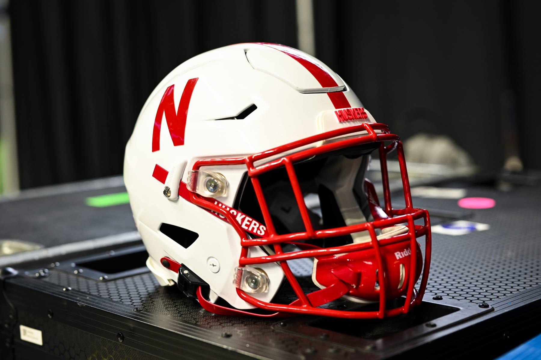 INDIANAPOLIS, IN - JULY 27: A Nebraska Cornhuskers football helmet sits on a case during the Big Ten Conference Media Days on July 27, 2023 at Lucas Oil Stadium in Indianapolis, IN (Photo by James Black/Icon Sportswire via Getty Images)