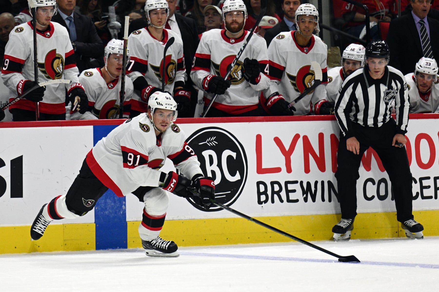 RALEIGH, NC - OCTOBER 11: Ottawa Senators Right Wing Vladimir Tarasenko (91) keeps the puck in the zone during the game between the Ottawa Senators and the Carolina Hurricanes on October 11, 2023 at PNC Arena in Raleigh, North Carolina. (Photo by Katherine Gawlik/Icon Sportswire via Getty Images)