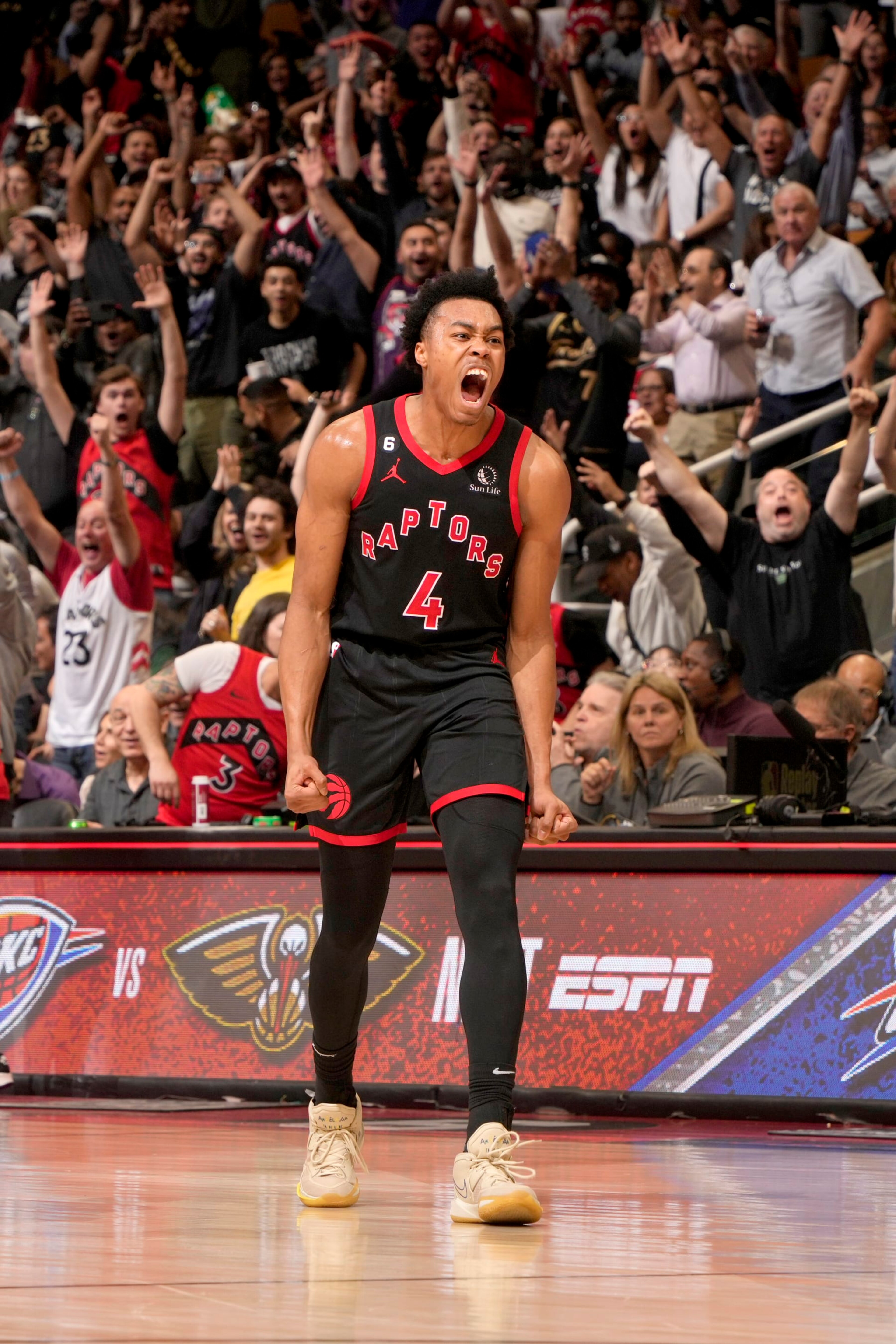 TORONTO, CANADA - APRIL 12:  Scottie Barnes #4 of the Toronto Raptors reacts during the game against the Chicago Bulls during the 2023 Play-In Tournament on April 12, 2023 at the Scotiabank Arena in Toronto, Ontario, Canada.  NOTE TO USER: User expressly acknowledges and agrees that, by downloading and or using this Photograph, user is consenting to the terms and conditions of the Getty Images License Agreement.  Mandatory Copyright Notice: Copyright 2022 NBAE (Photo by Mark Blinch/NBAE via Getty Images)