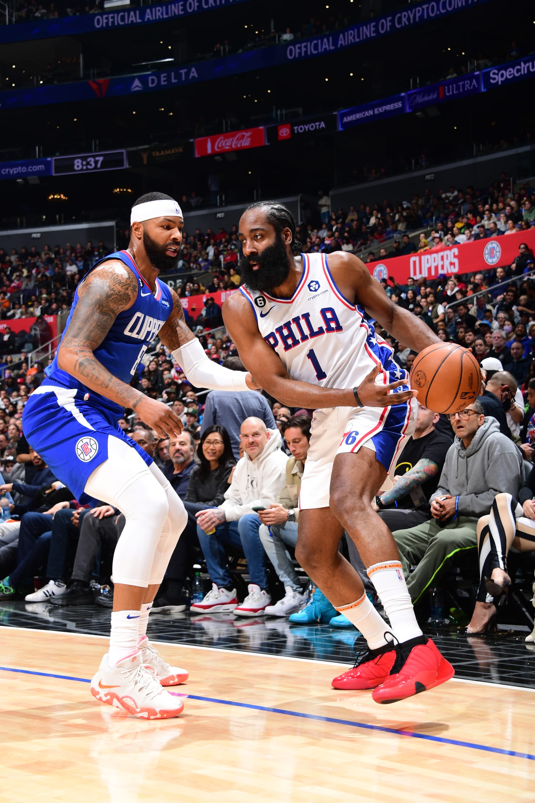 LOS ANGELES, CA - JANUARY 17: James Harden #1 of the Philadelphia 76ers dribbles the ball during the game against the LA Clippers on January 17, 2023 at Crypto.Com Arena in Los Angeles, California. NOTE TO USER: User expressly acknowledges and agrees that, by downloading and/or using this Photograph, user is consenting to the terms and conditions of the Getty Images License Agreement. Mandatory Copyright Notice: Copyright 2023 NBAE (Photo by Adam Pantozzi/NBAE via Getty Images)
