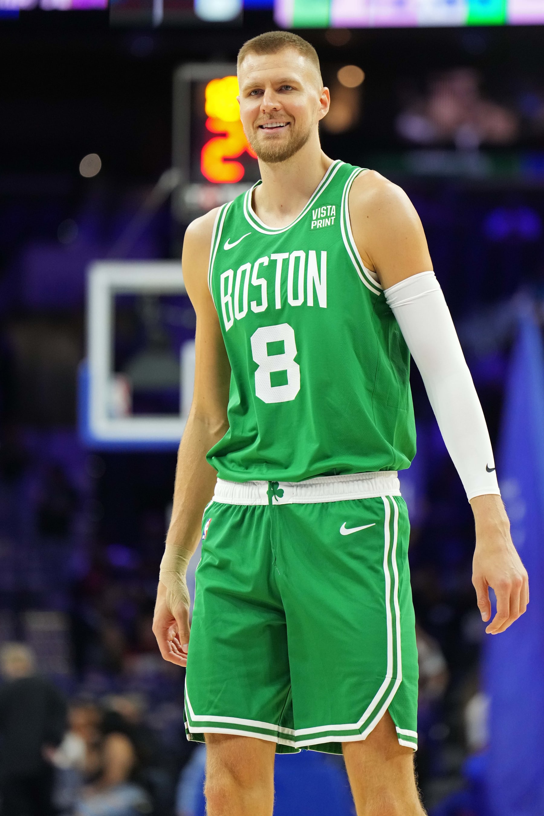 PHILADELPHIA, PA - OCTOBER 11: Kristaps Porzingis #8 of the Boston Celtics smiles during the game against the Philadelphia 76ers on October 11, 2023 at the Wells Fargo Center in Philadelphia, Pennsylvania NOTE TO USER: User expressly acknowledges and agrees that, by downloading and/or using this Photograph, user is consenting to the terms and conditions of the Getty Images License Agreement. Mandatory Copyright Notice: Copyright 2023 NBAE (Photo by Jesse D. Garrabrant/NBAE via Getty Images)