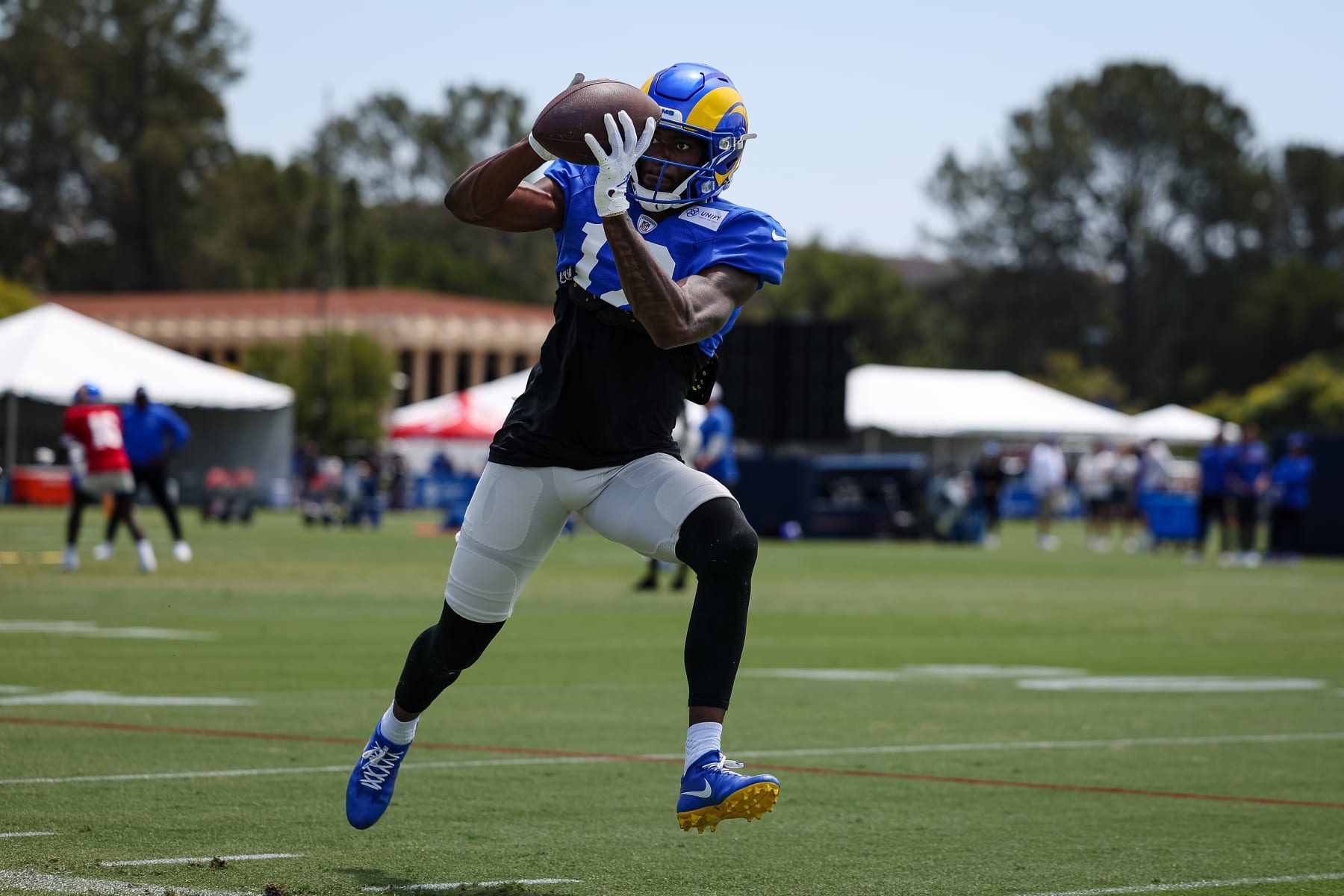 IRVINE, CA - JULY 29: Van Jefferson #12 of the Los Angeles Rams catches a pass during training camp at University of California Irvine on July 29, 2022 in Irvine, California. (Photo by Scott Taetsch/Getty Images) IRVINE, CA - JULY 29: Van Jefferson #12 of the Los Angeles Rams catches a pass during training camp at University of California Irvine on July 29, 2022 in Irvine, California. (Photo by Scott Taetsch/Getty Images)