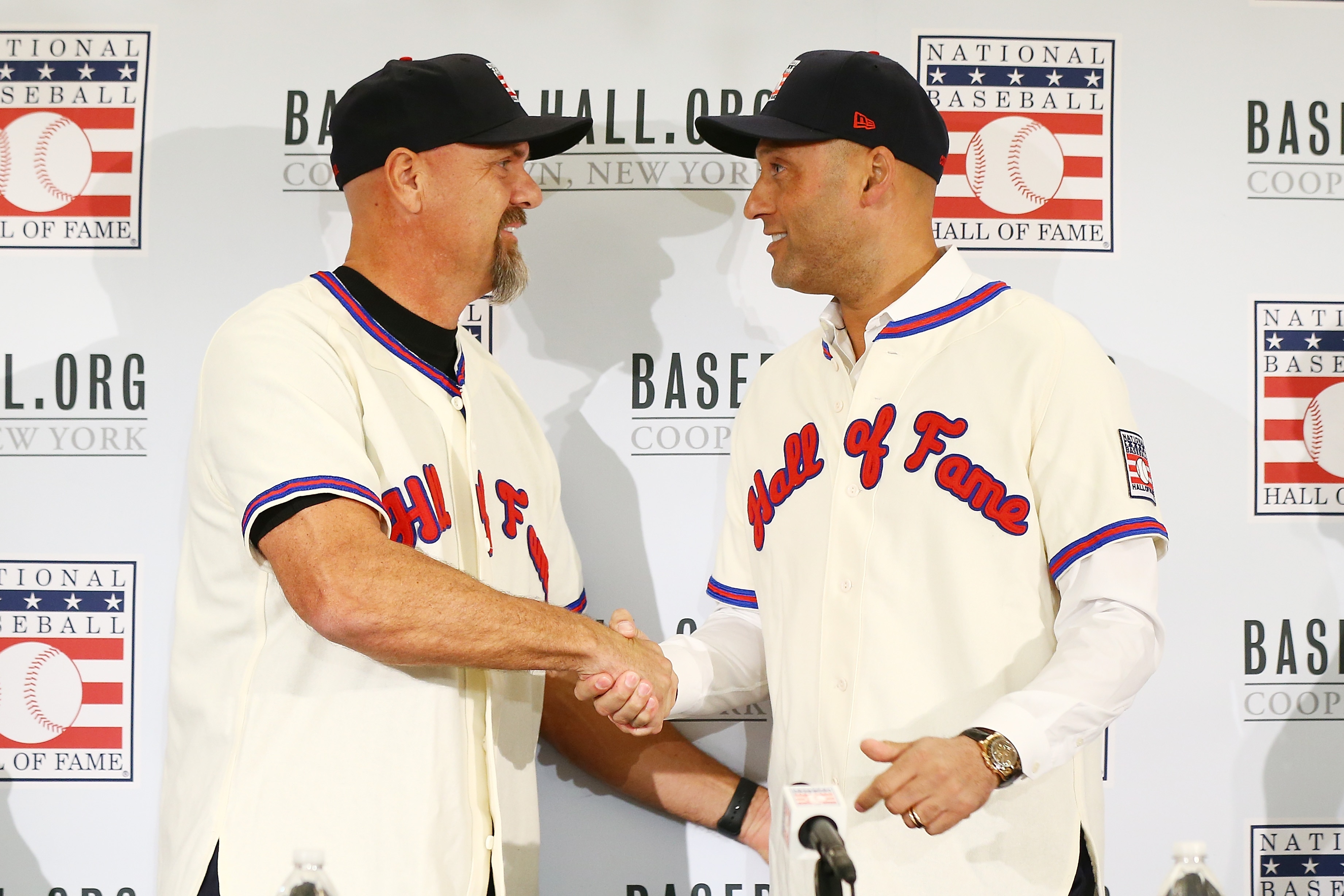 NEW YORK, NEW YORK - JANUARY 22:  (L-R) Larry Walker and Derek Jeter shake hands after being elected into the National Baseball Hall of Fame Class of 2020 on January 22, 2020 at the St. Regis Hotel in New York City. The National Baseball Hall of Fame induction ceremony will be held on Sunday, July 26, 2020 in Cooperstown, NY. (Photo by Mike Stobe/Getty Images)