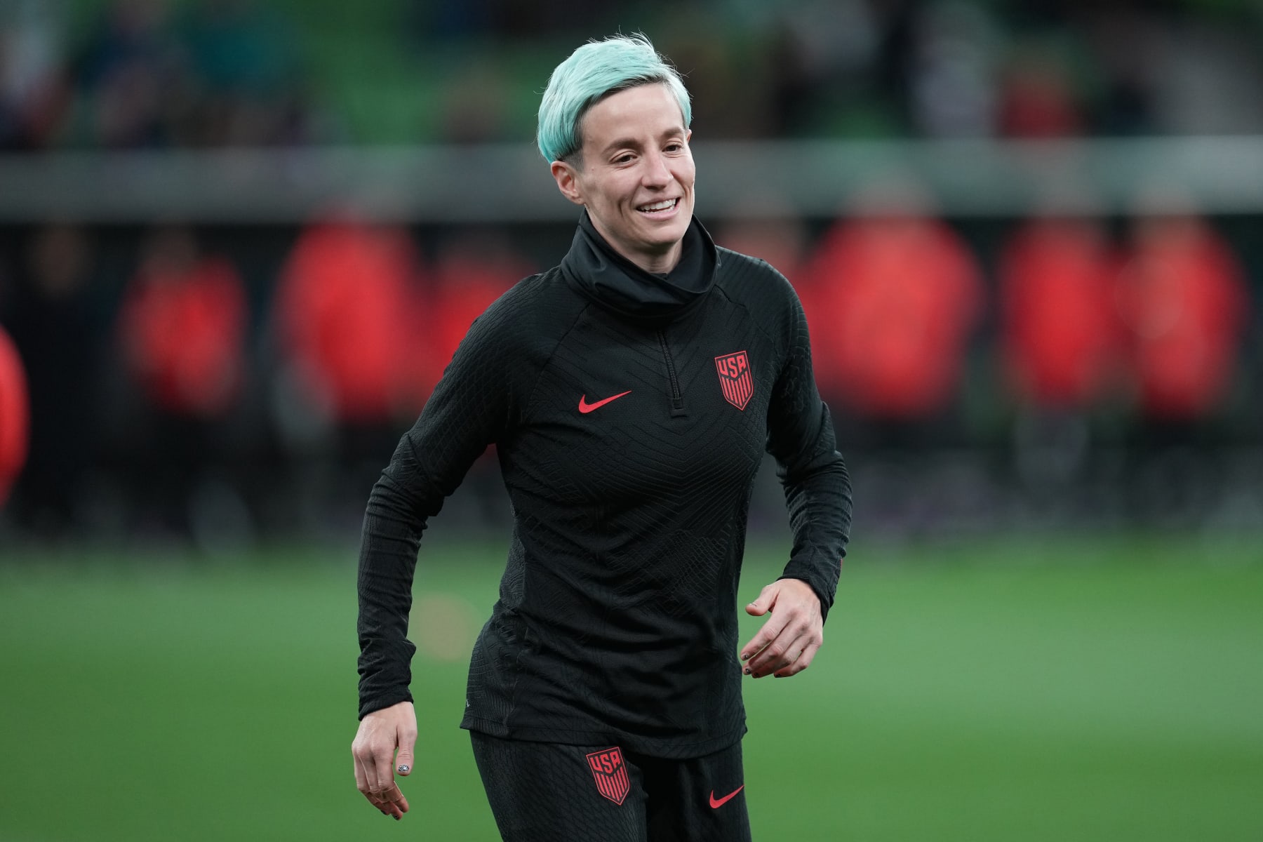 MELBOURNE, AUSTRALIA - AUGUST 06: Megan Rapinoe #15 of the United States during warmups prior to the FIFA Women's World Cup Australia & New Zealand 2023 Round of 16 match between Sweden and the United States at Melbourne Rectangular Stadium on August 06, 2023 in Melbourne, Australia. (Photo by Robin Alam/USSF/Getty Images for USSF)