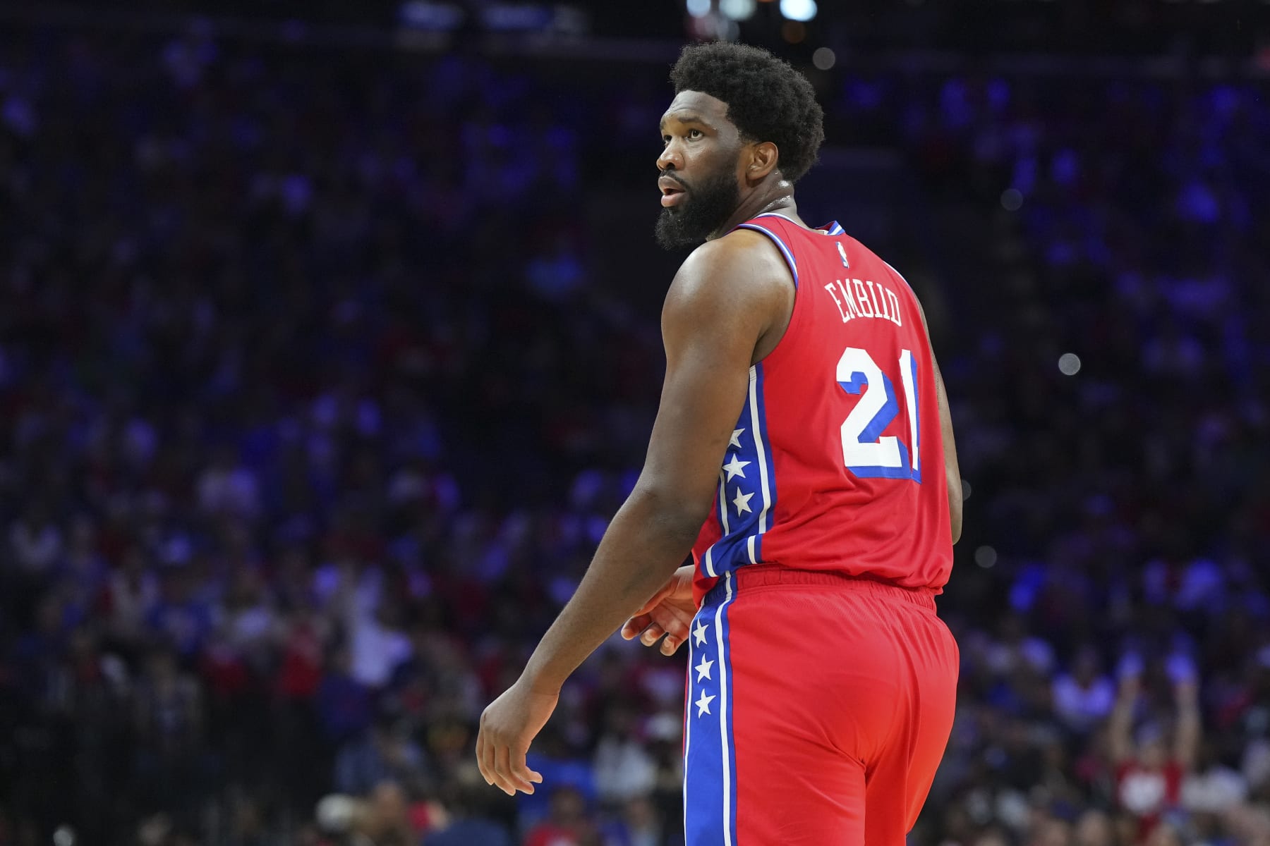 PHILADELPHIA, PA - APRIL 15: Joel Embiid #21 of the Philadelphia 76ers looks on against the Brooklyn Nets during Game One of the Eastern Conference First Round Playoffs at the Wells Fargo Center on April 15, 2023 in Philadelphia, Pennsylvania. The 76ers defeated the Nets 121-101. NOTE TO USER: User expressly acknowledges and agrees that, by downloading and or using this photograph, User is consenting to the terms and conditions of the Getty Images License Agreement. (Photo by Mitchell Leff/Getty Images)