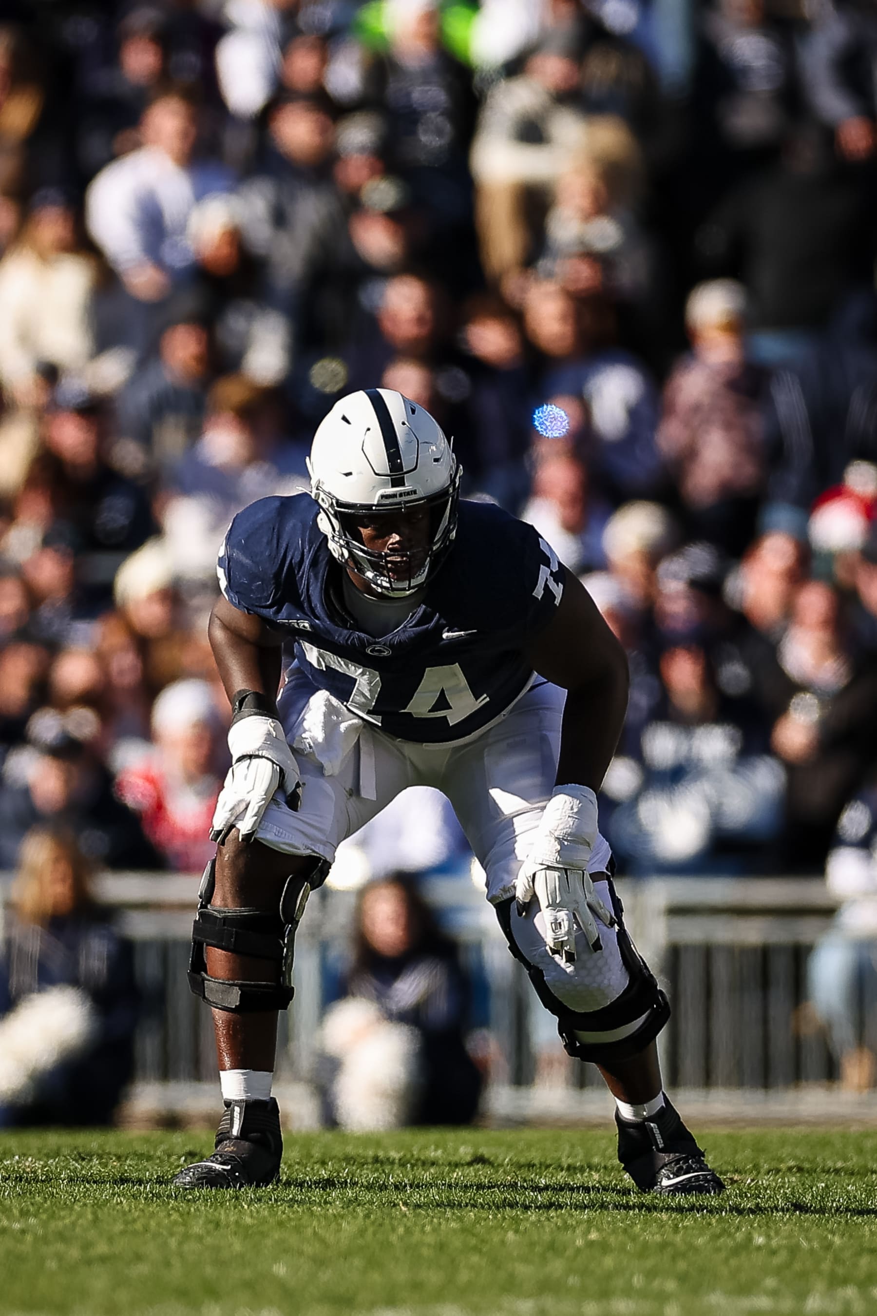 STATE COLLEGE, PA - NOVEMBER 18: Olumuyiwa Fashanu #74 of the Penn State Nittany Lions lines up against the Rutgers Scarlet Knights during the first half at Beaver Stadium on November 18, 2023 in State College, Pennsylvania. (Photo by Scott Taetsch/Getty Images)