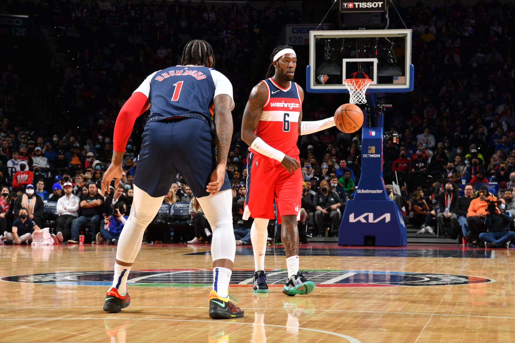 PHILADELPHIA, PA - FEBRUARY 2: Montrezl Harrell #6 of the Washington Wizards handles the ball against the Philadelphia 76ers on February 2, 2022 at Wells Fargo Center in Philadelphia, Pennsylvania. NOTE TO USER: User expressly acknowledges and agrees that, by downloading and/or using this Photograph, user is consenting to the terms and conditions of the Getty Images License Agreement. Mandatory Copyright Notice: Copyright 2022 NBAE (Photo by Jesse D. Garrabrant/NBAE via Getty Images)
