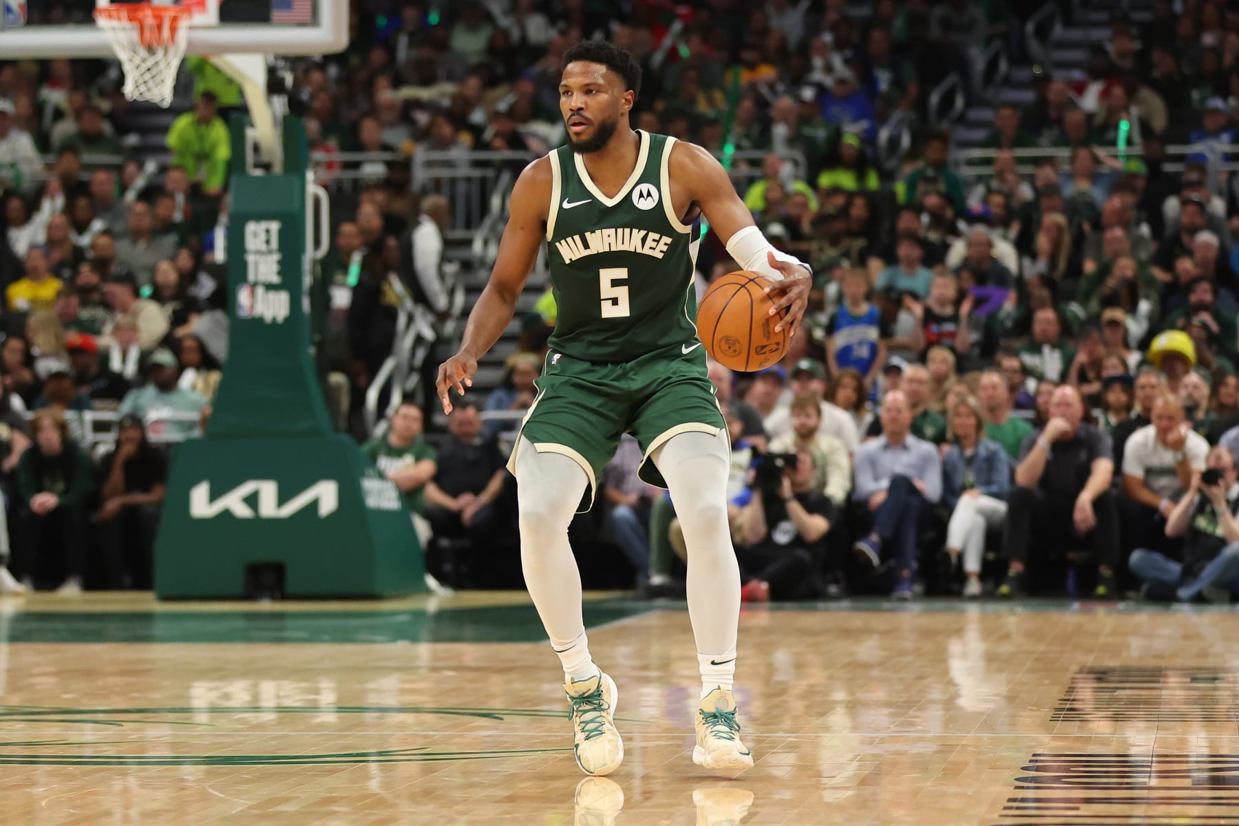 MILWAUKEE, WISCONSIN - APRIL 30: Malik Beasley #5 of the Milwaukee Bucks handles the ball against the Indiana Pacers during game five of the Eastern Conference First Round Playoffs at Fiserv Forum on April 30, 2024 in Milwaukee, Wisconsin.  The Bucks defeated the Pacers 115-92.   NOTE TO USER: User expressly acknowledges and agrees that, by downloading and or using this photograph, User is consenting to the terms and conditions of the Getty Images License Agreement. (Photo by Stacy Revere/Getty Images)