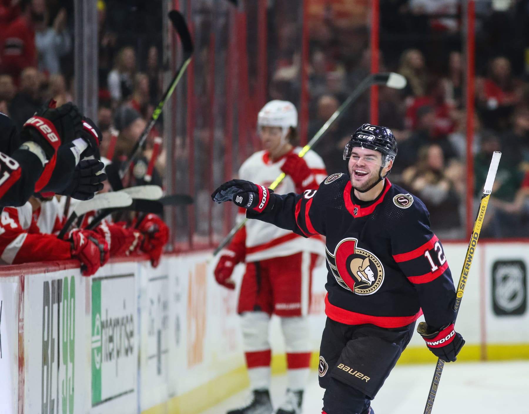 OTTAWA, CANADA - FEBRUARY 28: Alex DeBrincat #12 of the Ottawa Senators celebrates his first period goal against the Detroit Red Wings at Canadian Tire Centre on February 28, 2023 in Ottawa, Ontario, Canada. (Photo by Chris Tanouye/Freestyle Photography/Getty Images)