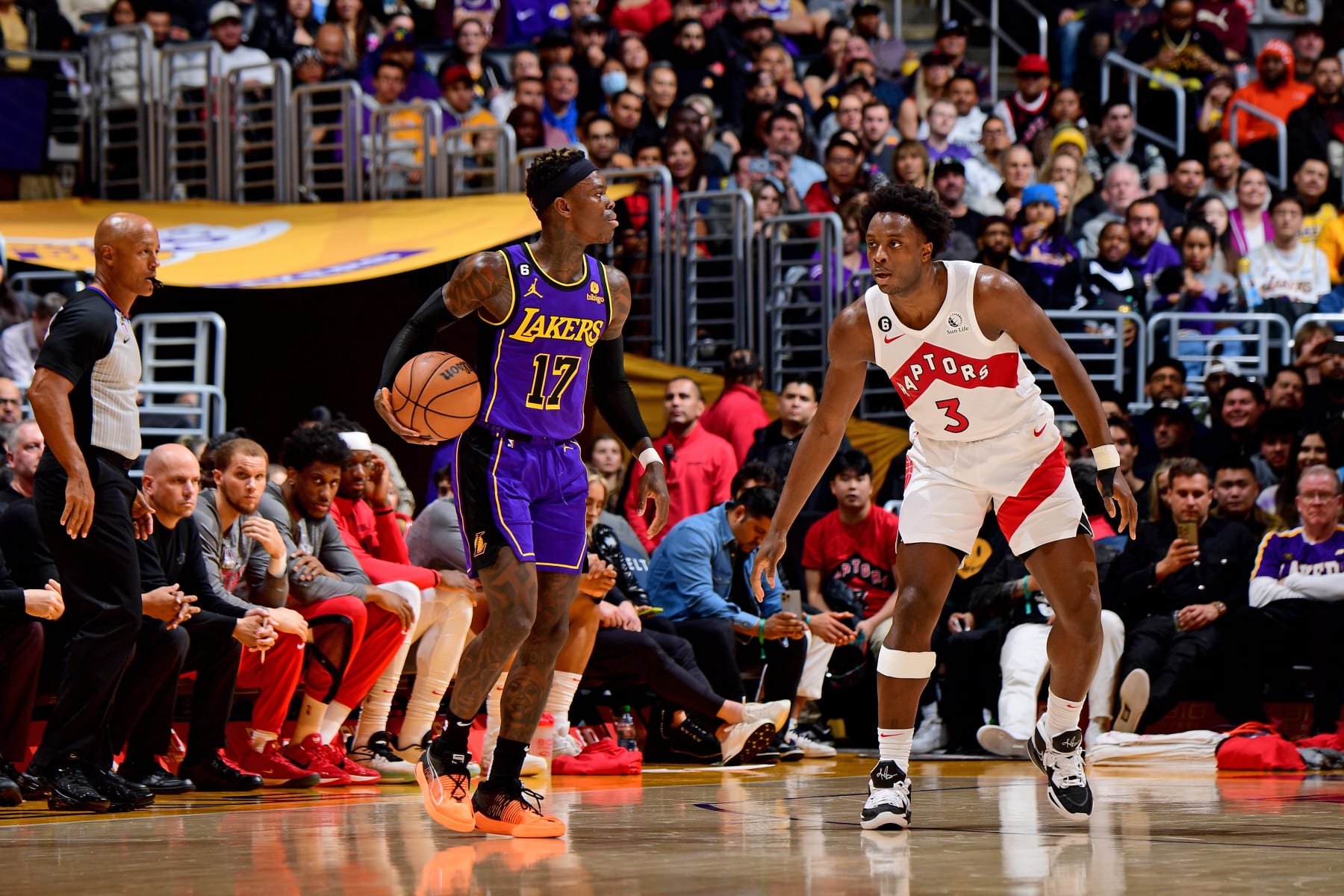 LOS ANGELES, CA - MARCH 10: Dennis Schroder #17 of the Los Angeles Lakers handles the ball during the game against the Toronto Raptors  on March 10, 2023 at Crypto.Com Arena in Los Angeles, California. NOTE TO USER: User expressly acknowledges and agrees that, by downloading and/or using this Photograph, user is consenting to the terms and conditions of the Getty Images License Agreement. Mandatory Copyright Notice: Copyright 2023 NBAE (Photo by Adam Pantozzi/NBAE via Getty Images)