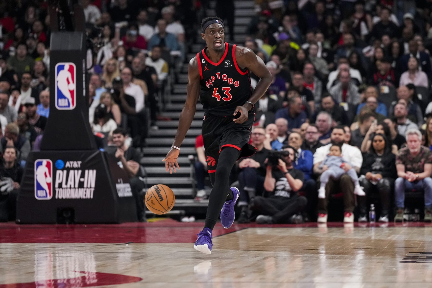 TORONTO, ON - APRIL 12: Pascal Siakam #43 of the Toronto Raptors dribbles the ball against the Chicago Bulls during the 2023 Play-In Tournament at the Scotiabank Arena on April 12, 2023 in Toronto, Ontario, Canada. NOTE TO USER: User expressly acknowledges and agrees that, by downloading and/or using this Photograph, user is consenting to the terms and conditions of the Getty Images License Agreement. (Photo by Andrew Lahodynskyj/Getty Images)