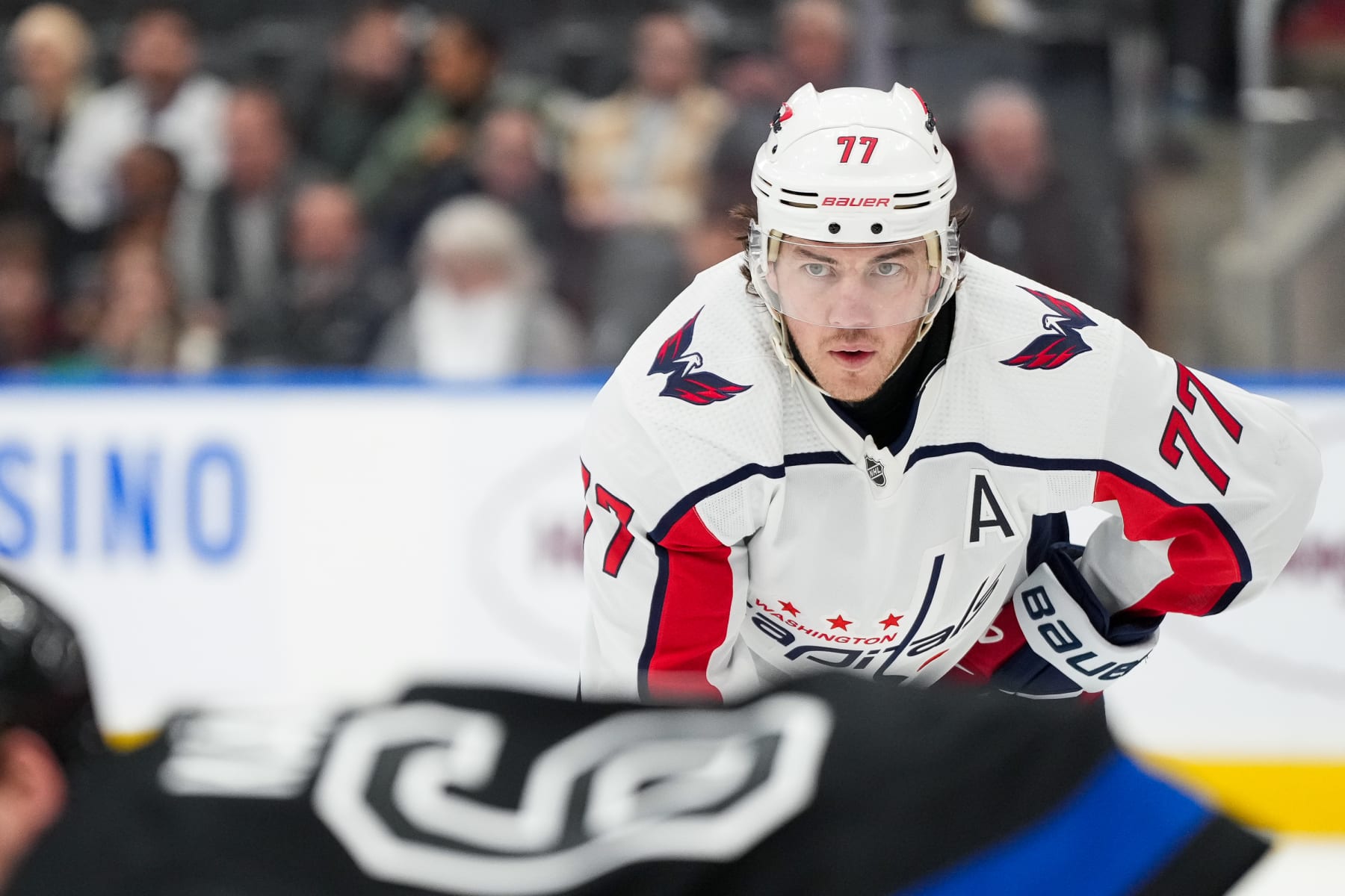 TORONTO, CANADA - MARCH 28: T.J. Oshie #77 of the Washington Capitals looks on against the Toronto Maple Leafs at Scotiabank Arena on March 28, 2024 in Toronto, Ontario, Canada. (Photo by Michael Chisholm/NHLI via Getty Images)