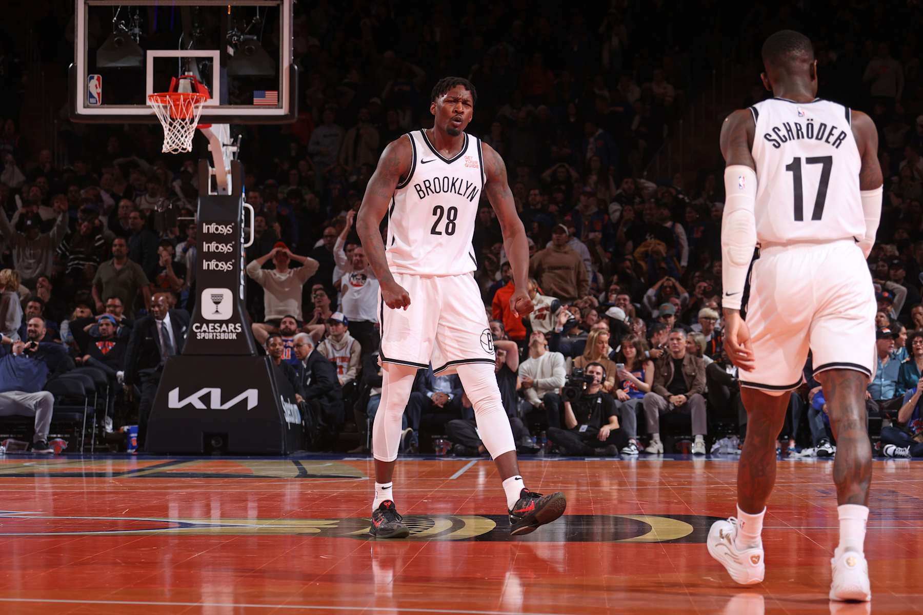 NEW YORK, NY - NOVEMBER 15: Dorian Finney-Smith #28 of the Brooklyn Nets celebrates during the game against the New York Knicks during the Emirates NBA Cup game on November 15, 2024 at Madison Square Garden in New York City, New York.  NOTE TO USER: User expressly acknowledges and agrees that, by downloading and or using this photograph, User is consenting to the terms and conditions of the Getty Images License Agreement. Mandatory Copyright Notice: Copyright 2024 NBAE  (Photo by Nathaniel S. Butler/NBAE via Getty Images)