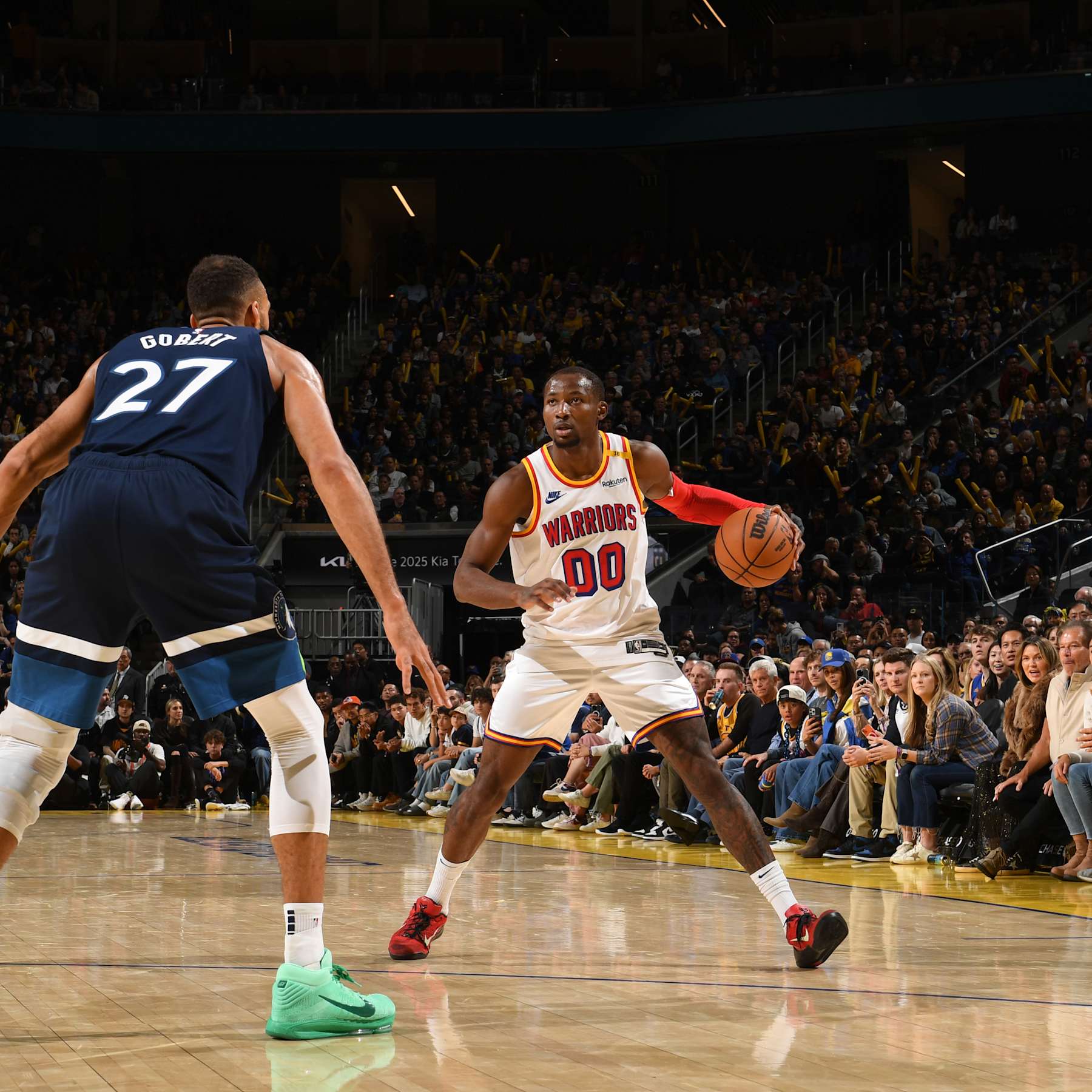 SAN FRANCISCO, CA - DECEMBER 8:  Jonathan Kuminga #00 of the Golden State Warriors dribbles the ball during the game against the Minnesota Timberwolves during a regular season game on December 8, 2024 at Chase Center in San Francisco, California. NOTE TO USER: User expressly acknowledges and agrees that, by downloading and or using this photograph, user is consenting to the terms and conditions of Getty Images License Agreement. Mandatory Copyright Notice: Copyright 2024 NBAE (Photo by Noah Graham/NBAE via Getty Images)